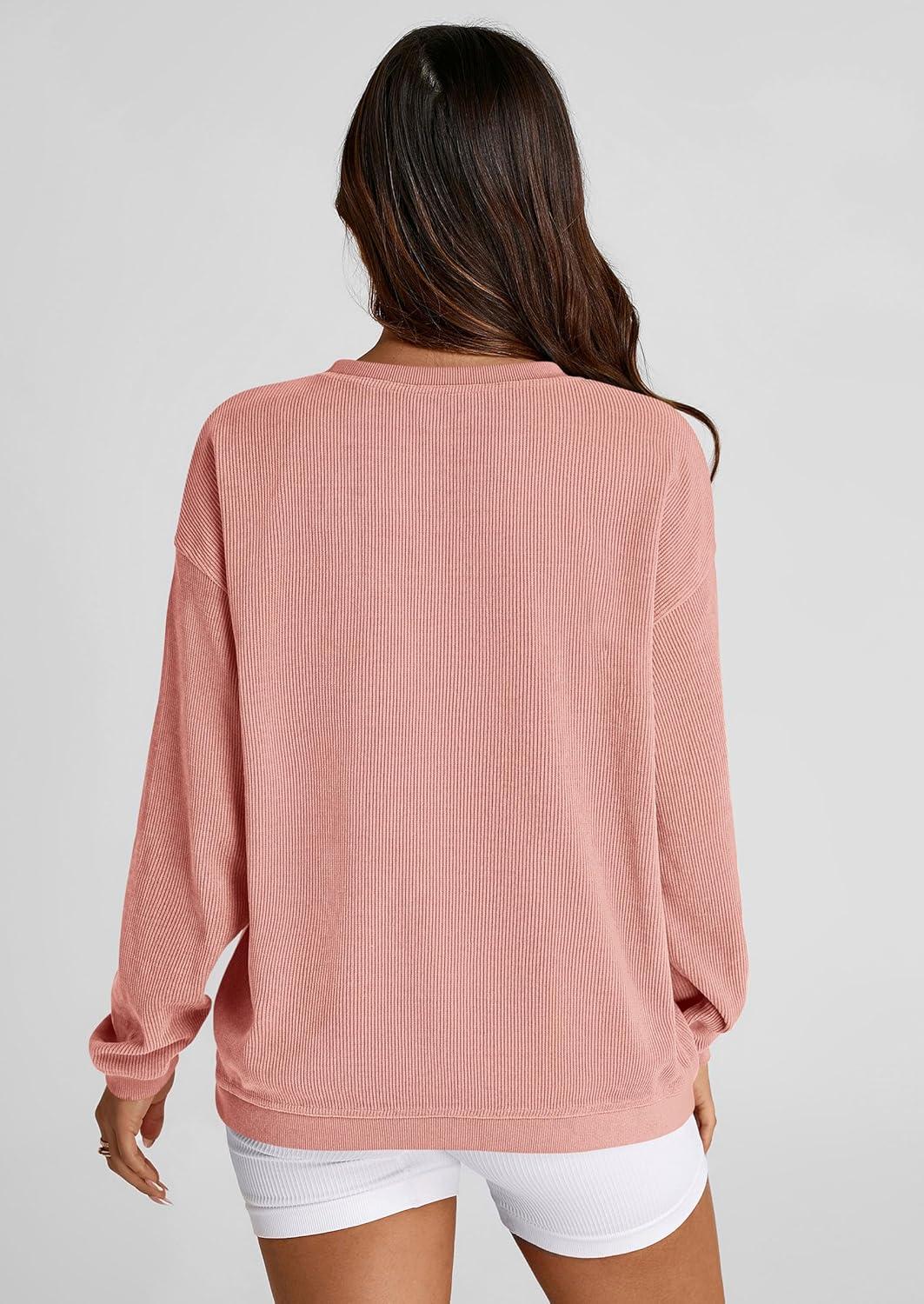 imagePRETTYGARDEN Womens Oversized Sweatshirt 2025 Fall Fashion Clothes Ribbed Corduroy Long Sleeve Going Out Pullover TopsPink