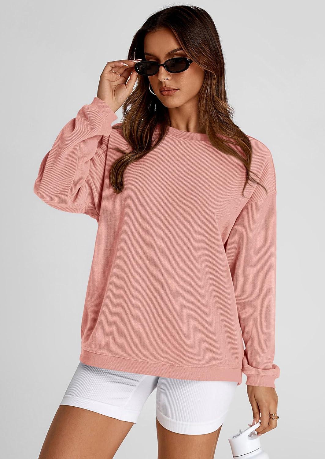 imagePRETTYGARDEN Womens Oversized Sweatshirt 2025 Fall Fashion Clothes Ribbed Corduroy Long Sleeve Going Out Pullover TopsPink
