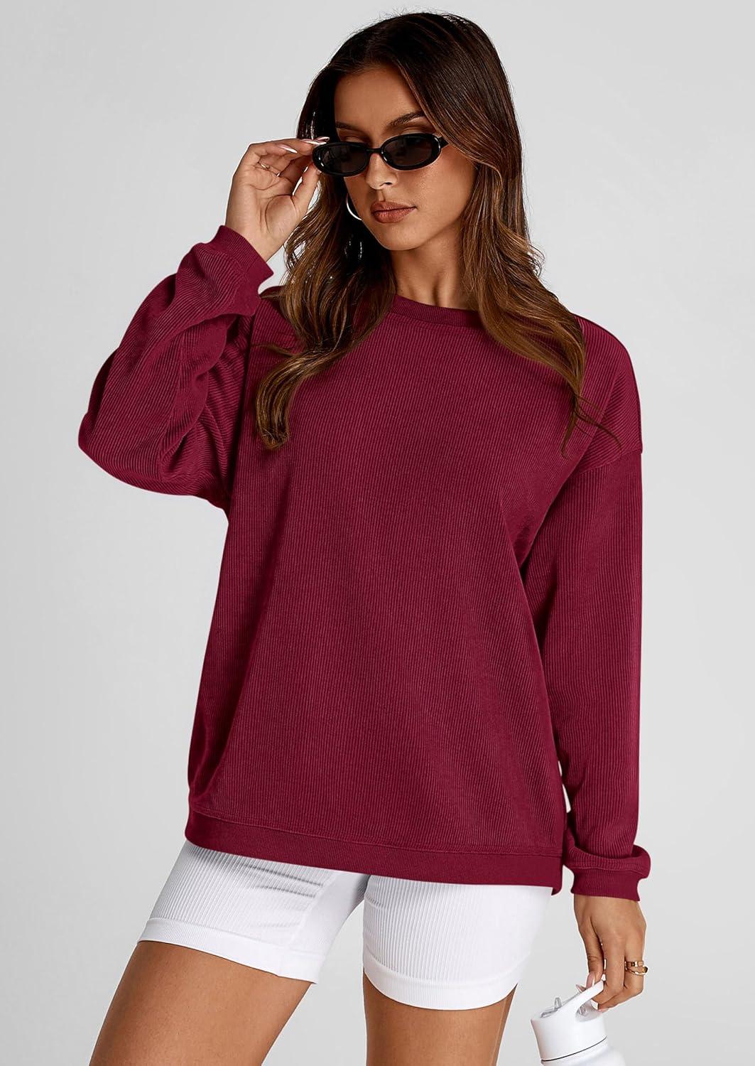 imagePRETTYGARDEN Womens Oversized Sweatshirt 2025 Fall Fashion Clothes Ribbed Corduroy Long Sleeve Going Out Pullover TopsWine Red