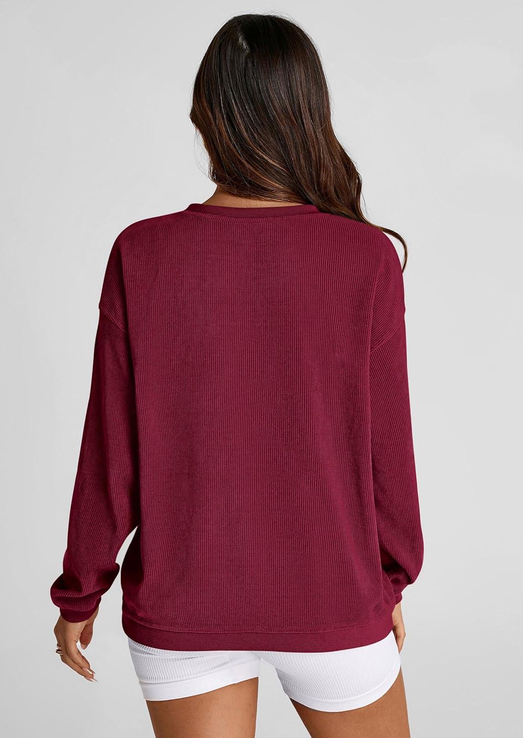 imagePRETTYGARDEN Womens Oversized Sweatshirt 2025 Fall Fashion Clothes Ribbed Corduroy Long Sleeve Going Out Pullover TopsWine Red