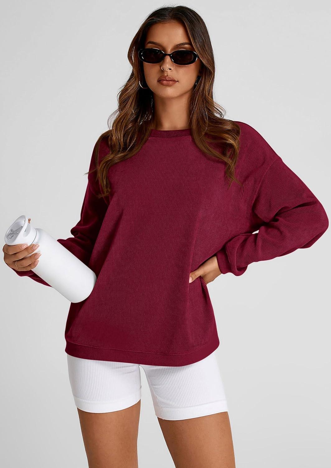 imagePRETTYGARDEN Womens Oversized Sweatshirt 2025 Fall Fashion Clothes Ribbed Corduroy Long Sleeve Going Out Pullover TopsWine Red