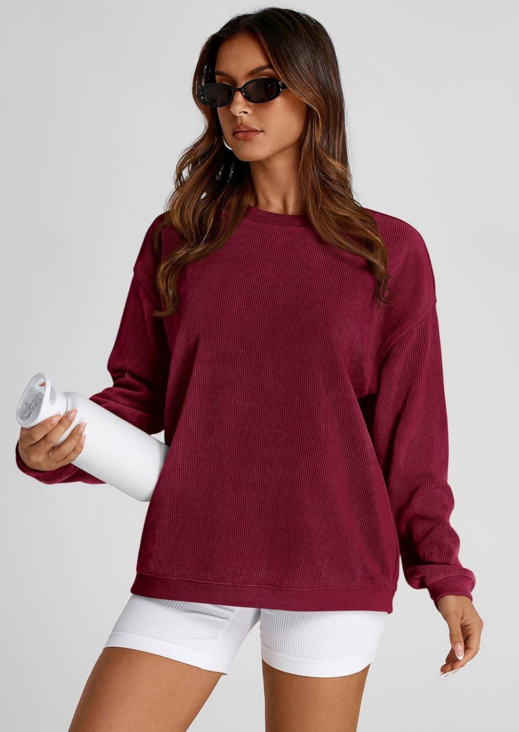 imagePRETTYGARDEN Womens Oversized Sweatshirt 2025 Fall Fashion Clothes Ribbed Corduroy Long Sleeve Going Out Pullover TopsWine Red