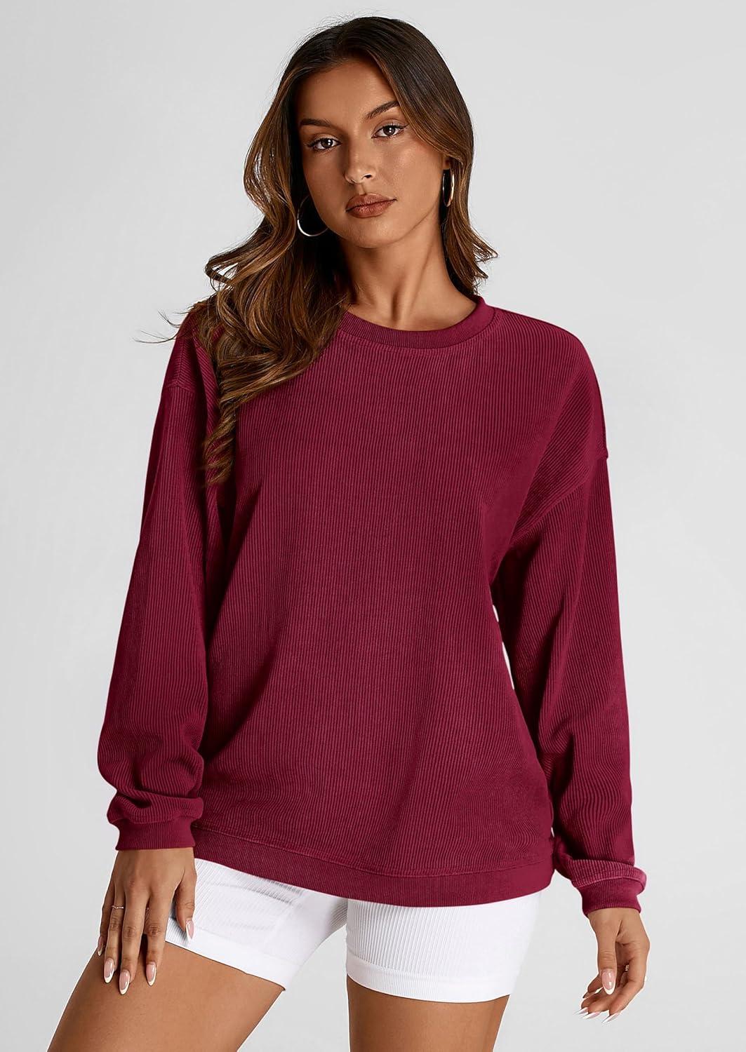 imagePRETTYGARDEN Womens Oversized Sweatshirt 2025 Fall Fashion Clothes Ribbed Corduroy Long Sleeve Going Out Pullover TopsWine Red