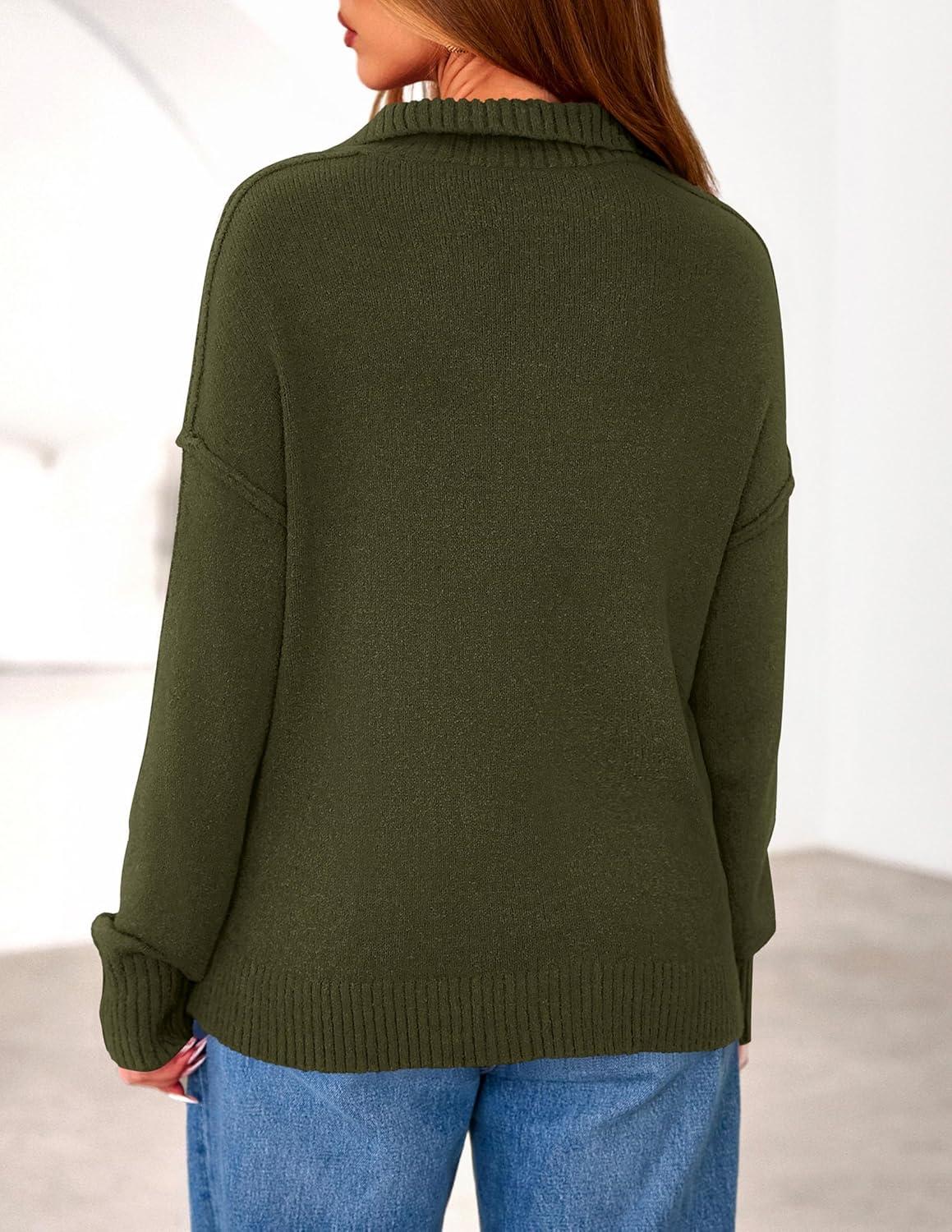 imagePRETTYGARDEN Womens Quarter Zip Pullover V Neck Fall Sweaters 2025 Long Sleeve Tops Collared Business Casual Winter ClothingArmy Green