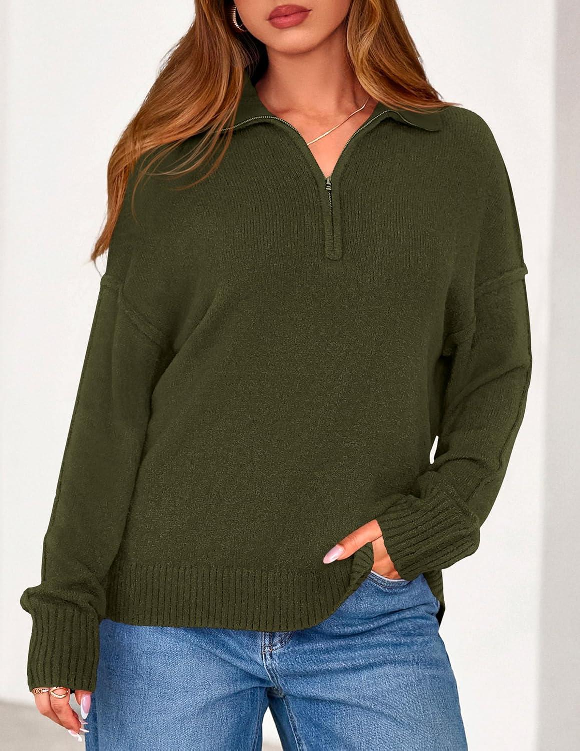 imagePRETTYGARDEN Womens Quarter Zip Pullover V Neck Fall Sweaters 2025 Long Sleeve Tops Collared Business Casual Winter ClothingArmy Green