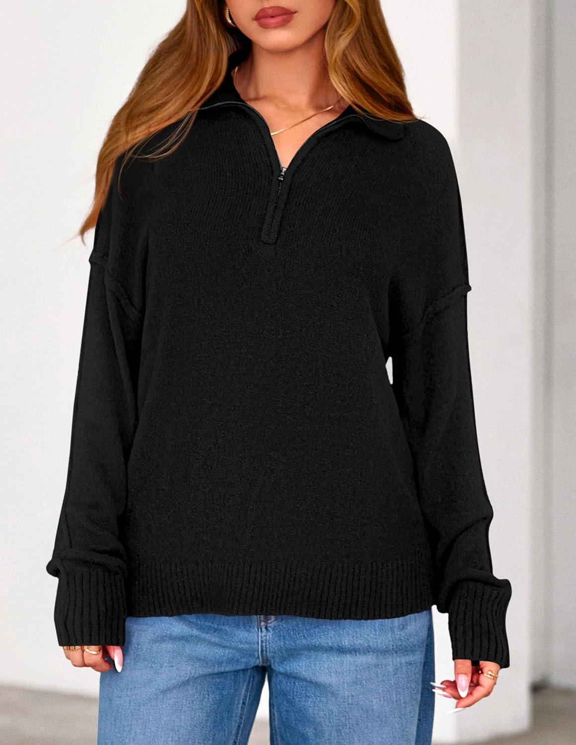 imagePRETTYGARDEN Womens Quarter Zip Pullover V Neck Fall Sweaters 2025 Long Sleeve Tops Collared Business Casual Winter ClothingBlack