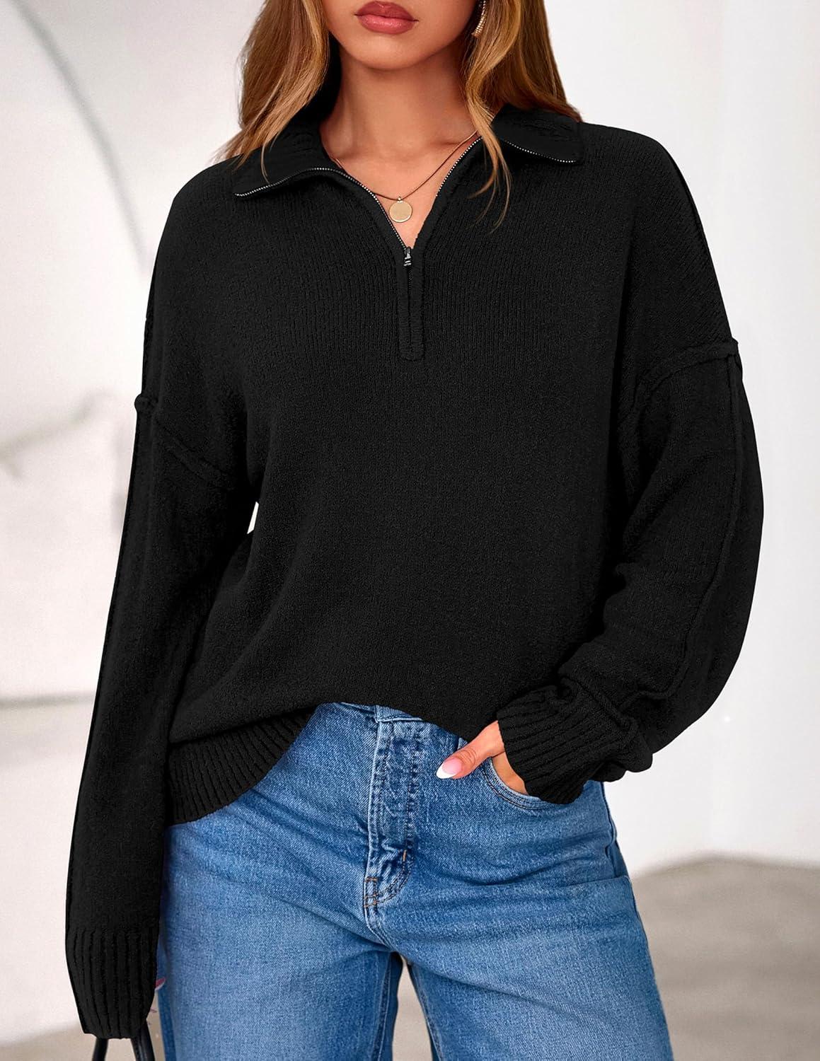 imagePRETTYGARDEN Womens Quarter Zip Pullover V Neck Fall Sweaters 2025 Long Sleeve Tops Collared Business Casual Winter ClothingBlack