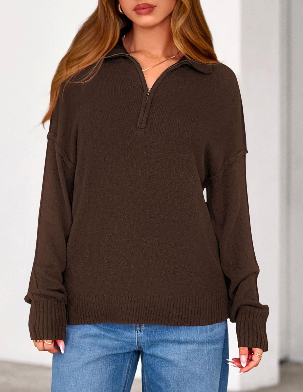 imagePRETTYGARDEN Womens Quarter Zip Pullover V Neck Fall Sweaters 2025 Long Sleeve Tops Collared Business Casual Winter ClothingBrown