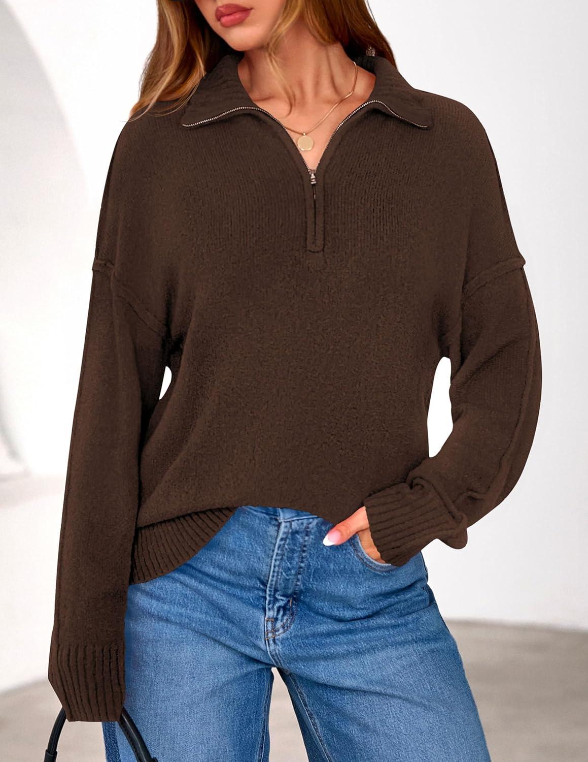imagePRETTYGARDEN Womens Quarter Zip Pullover V Neck Fall Sweaters 2025 Long Sleeve Tops Collared Business Casual Winter ClothingBrown
