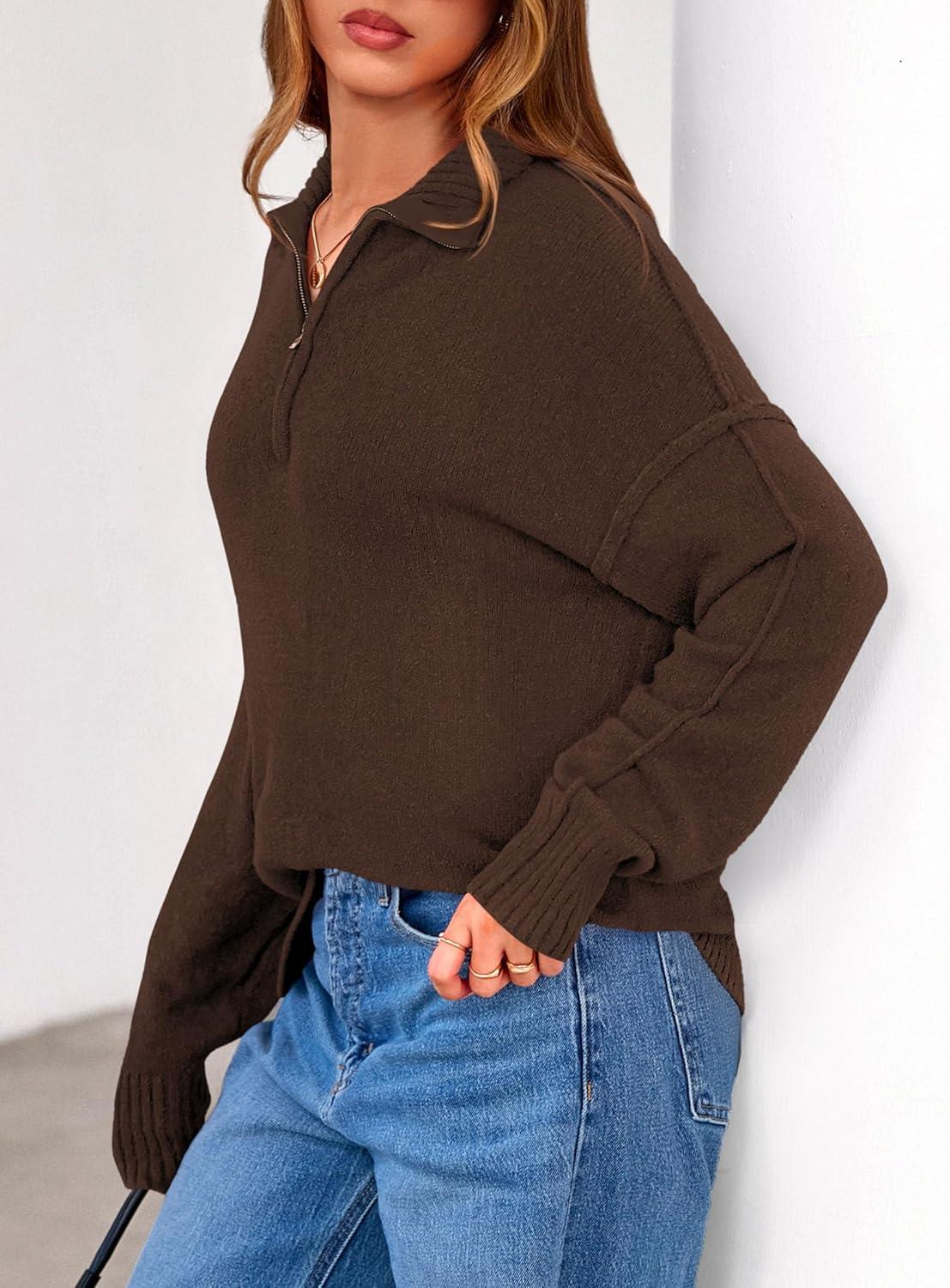 imagePRETTYGARDEN Womens Quarter Zip Pullover V Neck Fall Sweaters 2025 Long Sleeve Tops Collared Business Casual Winter ClothingBrown