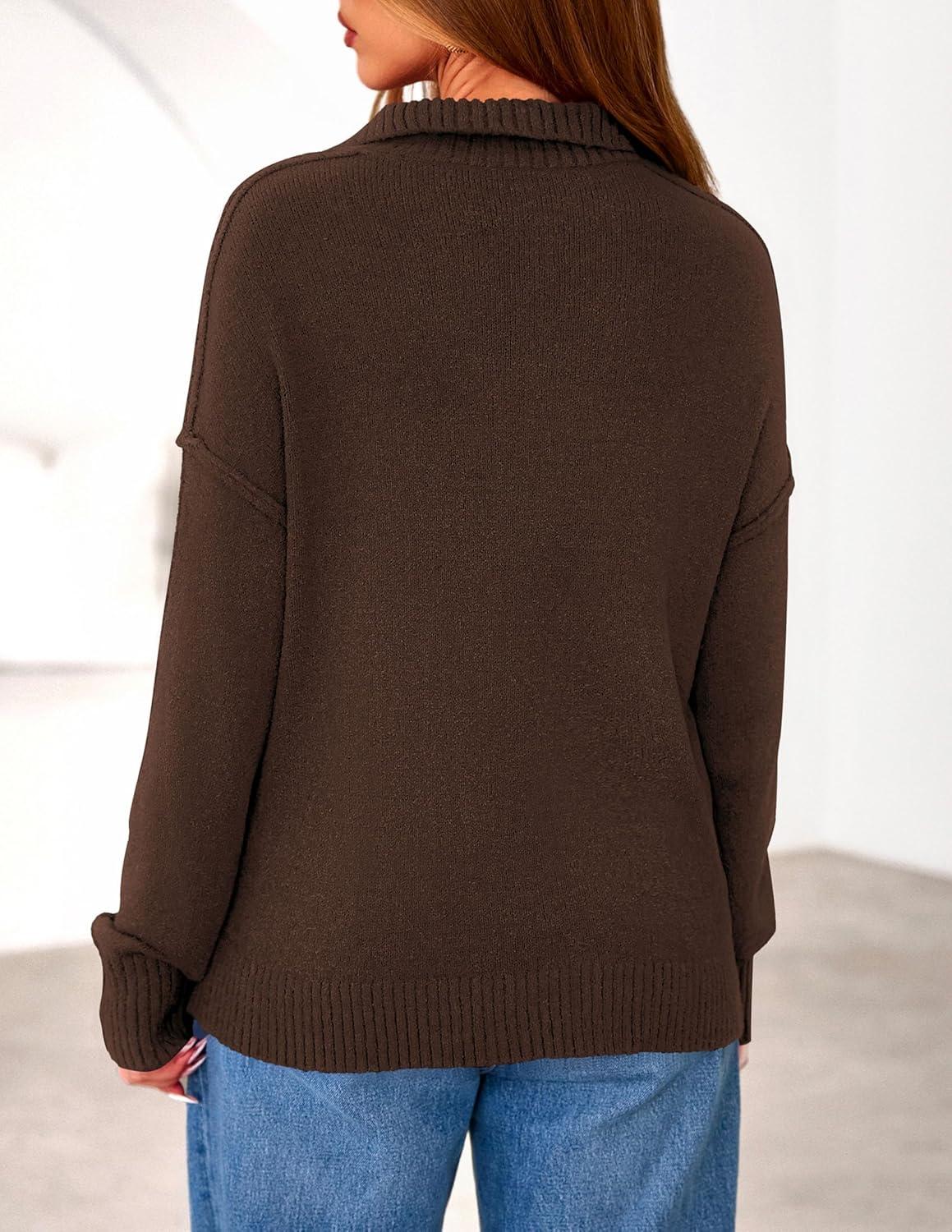 imagePRETTYGARDEN Womens Quarter Zip Pullover V Neck Fall Sweaters 2025 Long Sleeve Tops Collared Business Casual Winter ClothingBrown