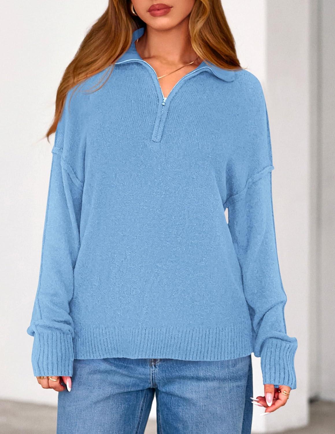 imagePRETTYGARDEN Womens Quarter Zip Pullover V Neck Fall Sweaters 2025 Long Sleeve Tops Collared Business Casual Winter ClothingLight Blue