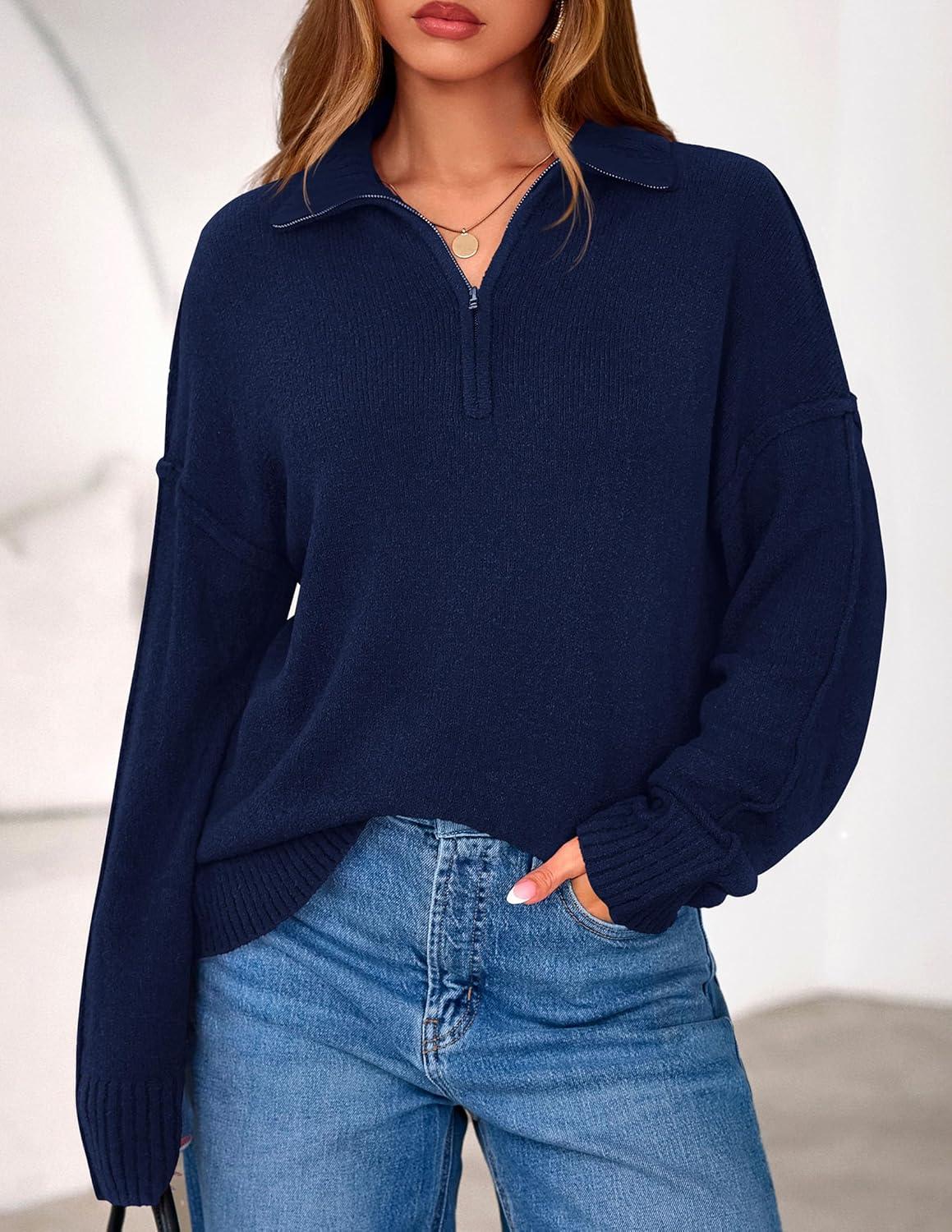 imagePRETTYGARDEN Womens Quarter Zip Pullover V Neck Fall Sweaters 2025 Long Sleeve Tops Collared Business Casual Winter ClothingNavy Blue