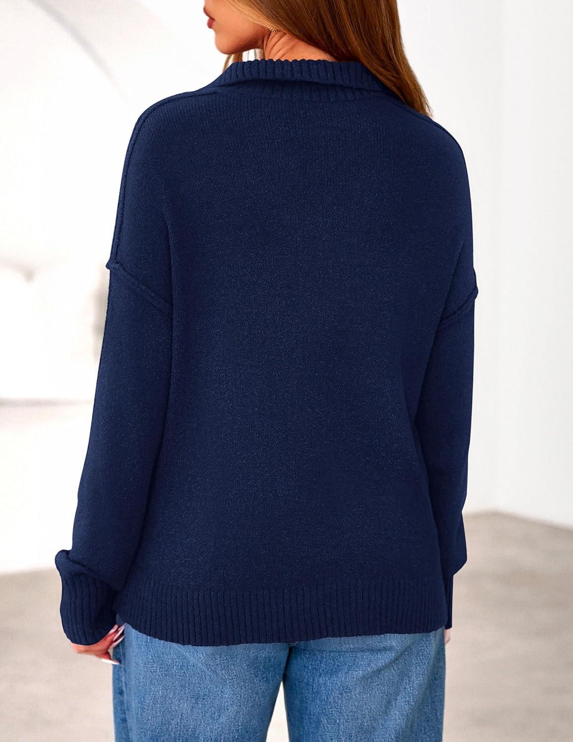 imagePRETTYGARDEN Womens Quarter Zip Pullover V Neck Fall Sweaters 2025 Long Sleeve Tops Collared Business Casual Winter ClothingNavy Blue