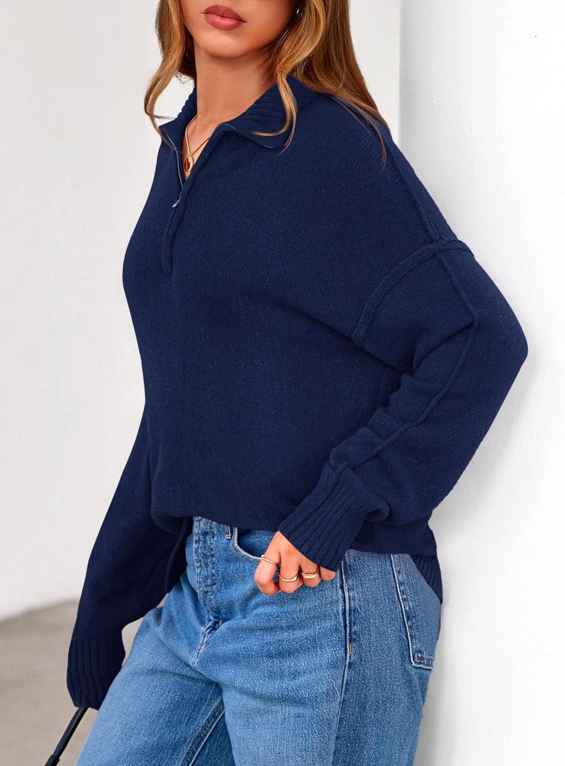 imagePRETTYGARDEN Womens Quarter Zip Pullover V Neck Fall Sweaters 2025 Long Sleeve Tops Collared Business Casual Winter ClothingNavy Blue