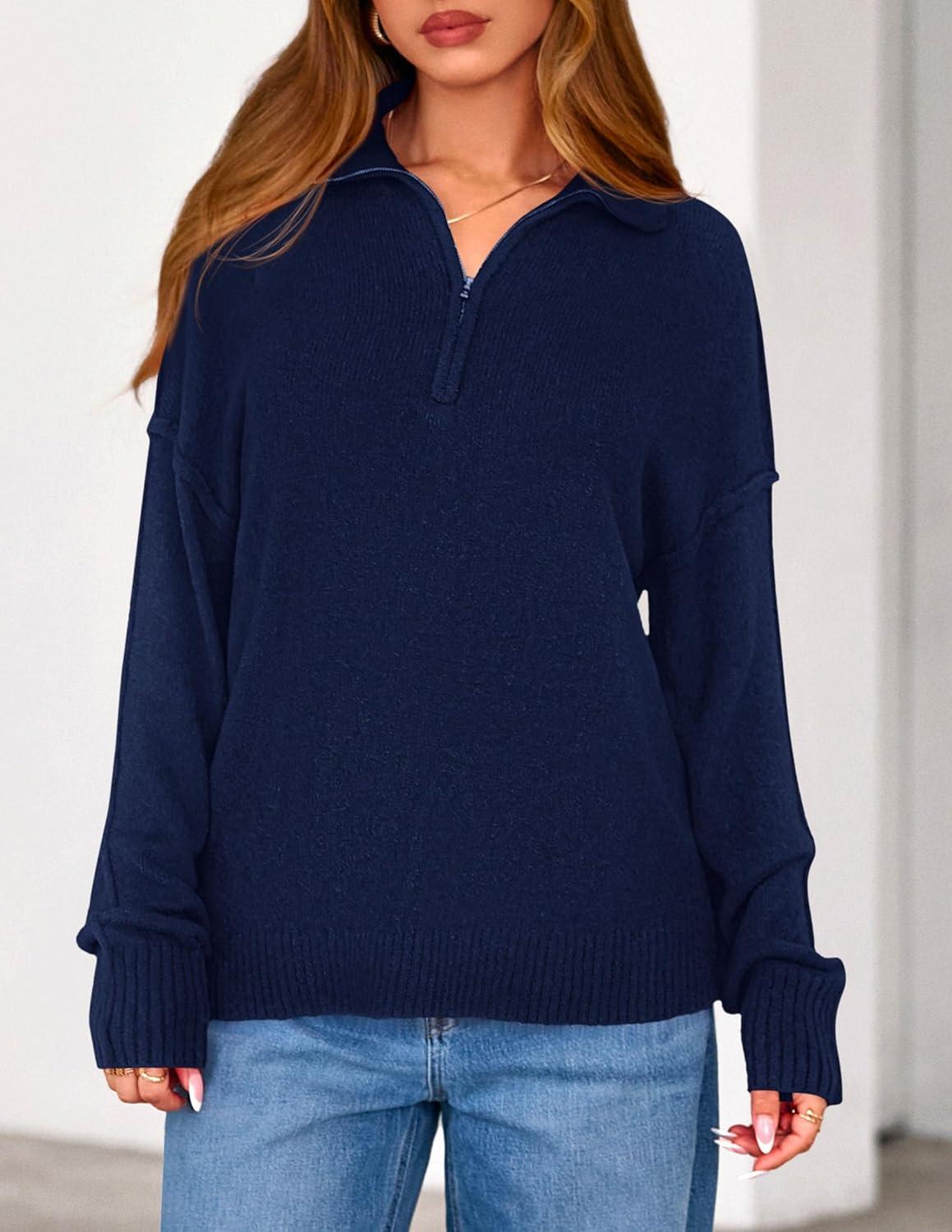 imagePRETTYGARDEN Womens Quarter Zip Pullover V Neck Fall Sweaters 2025 Long Sleeve Tops Collared Business Casual Winter ClothingNavy Blue