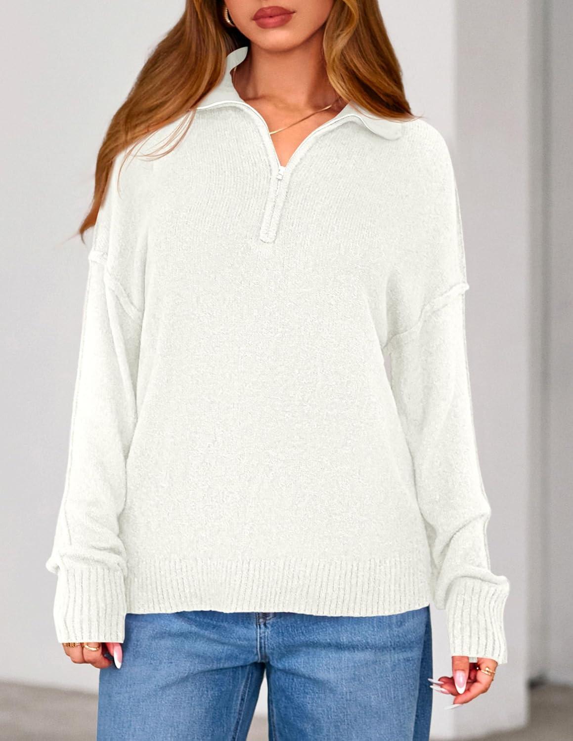 imagePRETTYGARDEN Womens Quarter Zip Pullover V Neck Fall Sweaters 2025 Long Sleeve Tops Collared Business Casual Winter ClothingWhite