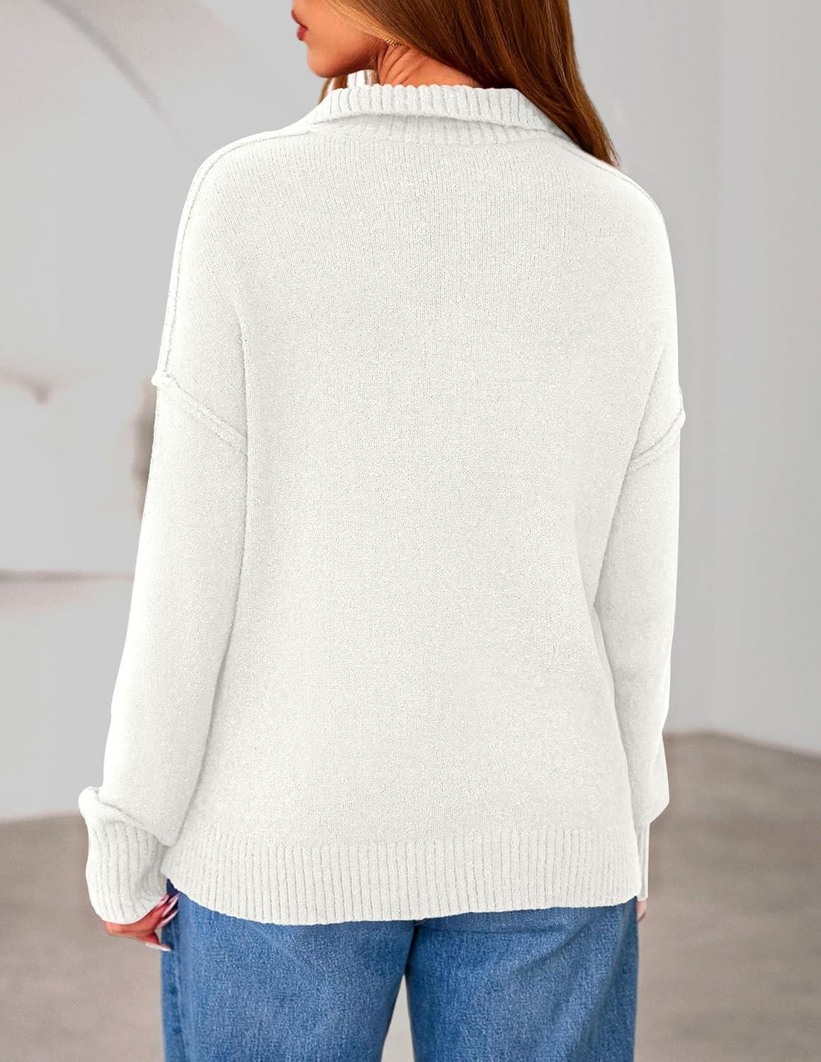 imagePRETTYGARDEN Womens Quarter Zip Pullover V Neck Fall Sweaters 2025 Long Sleeve Tops Collared Business Casual Winter ClothingWhite
