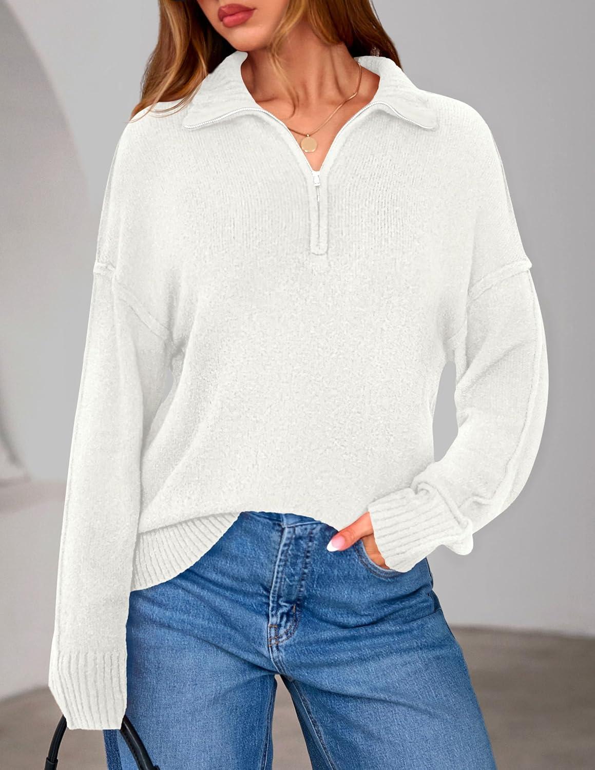 imagePRETTYGARDEN Womens Quarter Zip Pullover V Neck Fall Sweaters 2025 Long Sleeve Tops Collared Business Casual Winter ClothingWhite