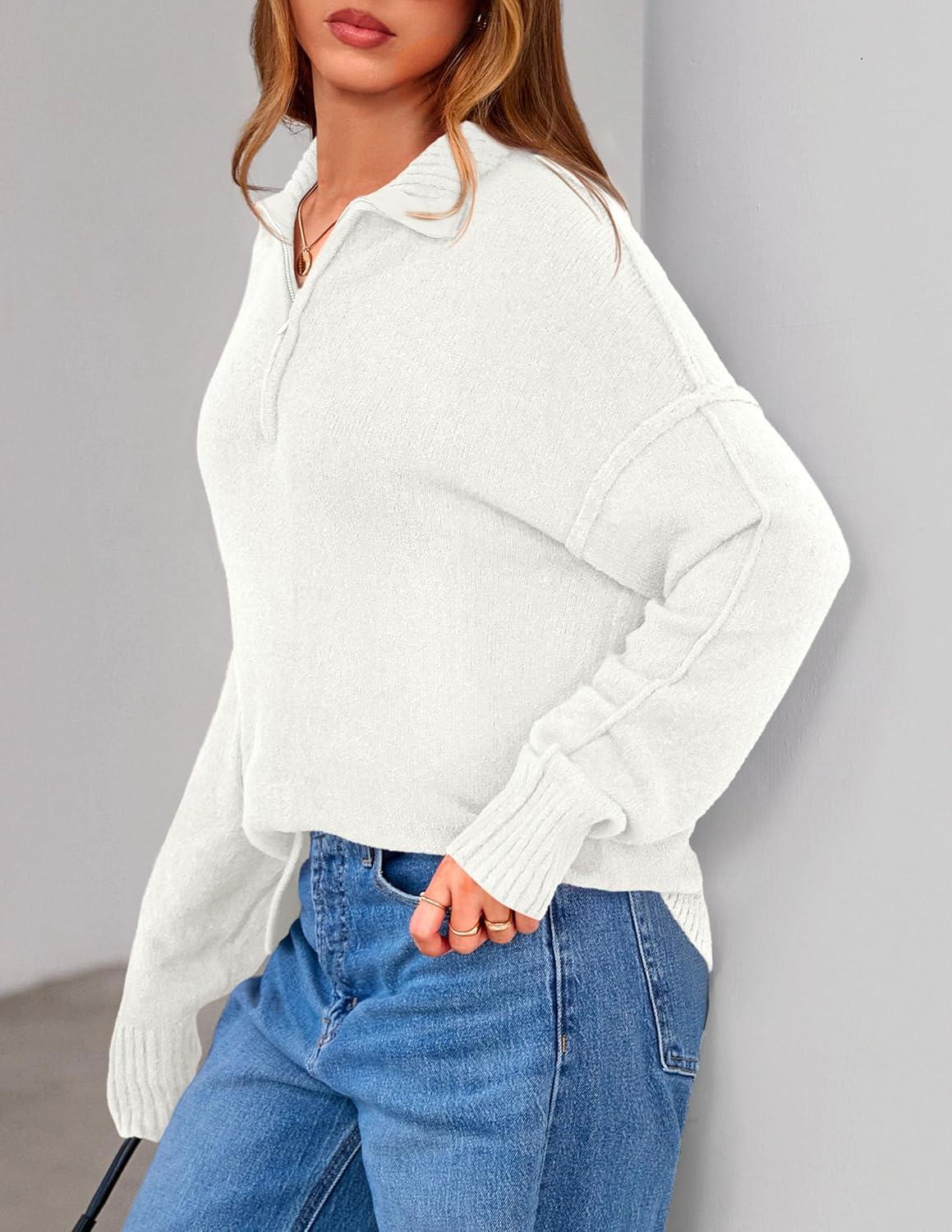imagePRETTYGARDEN Womens Quarter Zip Pullover V Neck Fall Sweaters 2025 Long Sleeve Tops Collared Business Casual Winter ClothingWhite