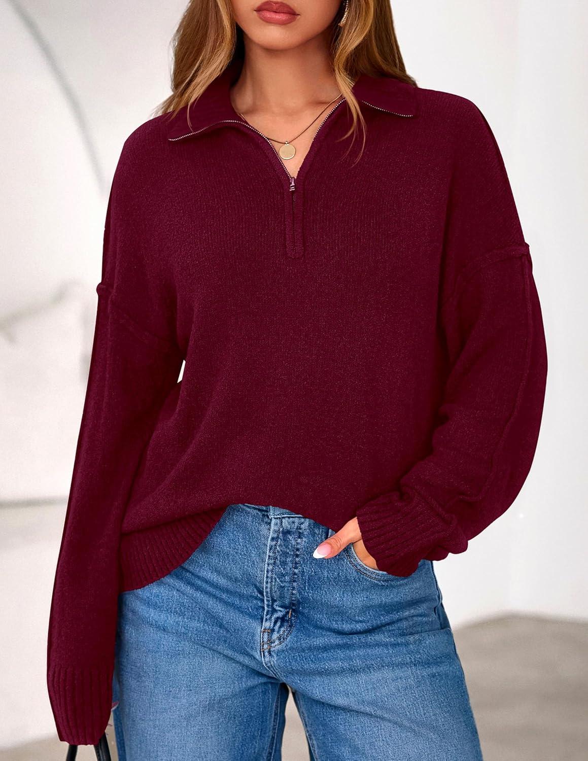 imagePRETTYGARDEN Womens Quarter Zip Pullover V Neck Fall Sweaters 2025 Long Sleeve Tops Collared Business Casual Winter ClothingWine Red