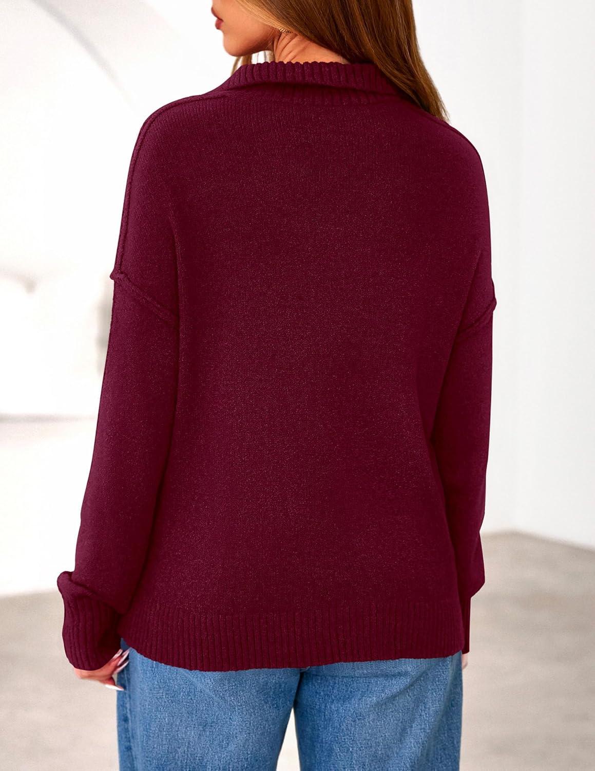 imagePRETTYGARDEN Womens Quarter Zip Pullover V Neck Fall Sweaters 2025 Long Sleeve Tops Collared Business Casual Winter ClothingWine Red