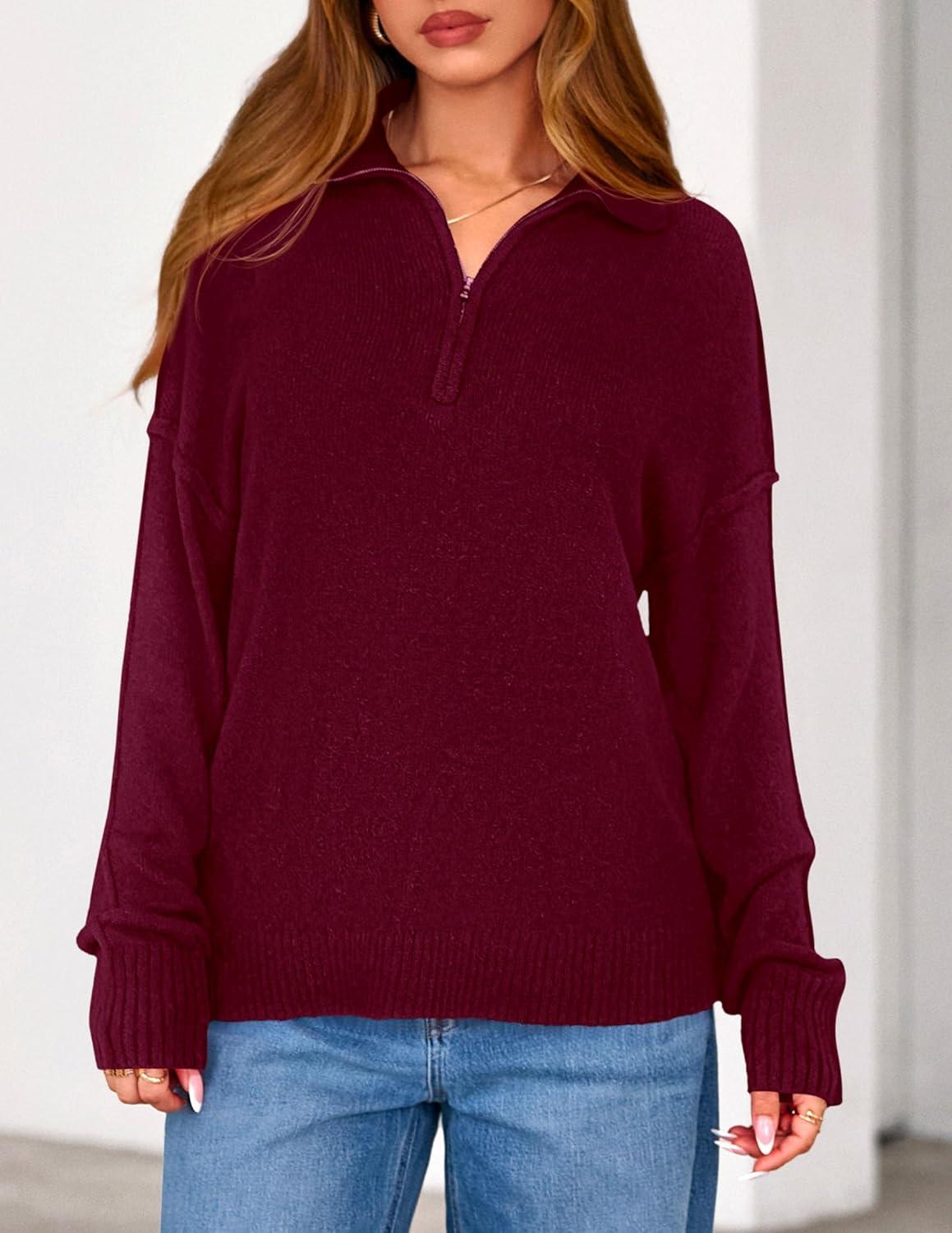 imagePRETTYGARDEN Womens Quarter Zip Pullover V Neck Fall Sweaters 2025 Long Sleeve Tops Collared Business Casual Winter ClothingWine Red