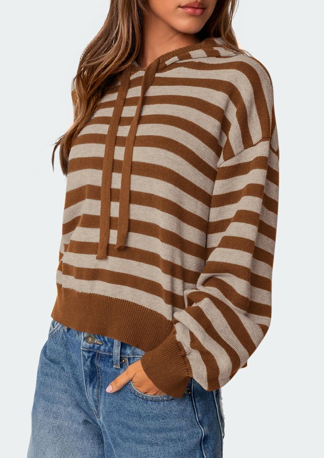 imagePRETTYGARDEN Womens Striped Sweaters 2025 Fall Pullover Hoodies Y2K Casual Long Sleeve Tops Winter Fashion ClothingStriped Apricot Coffee