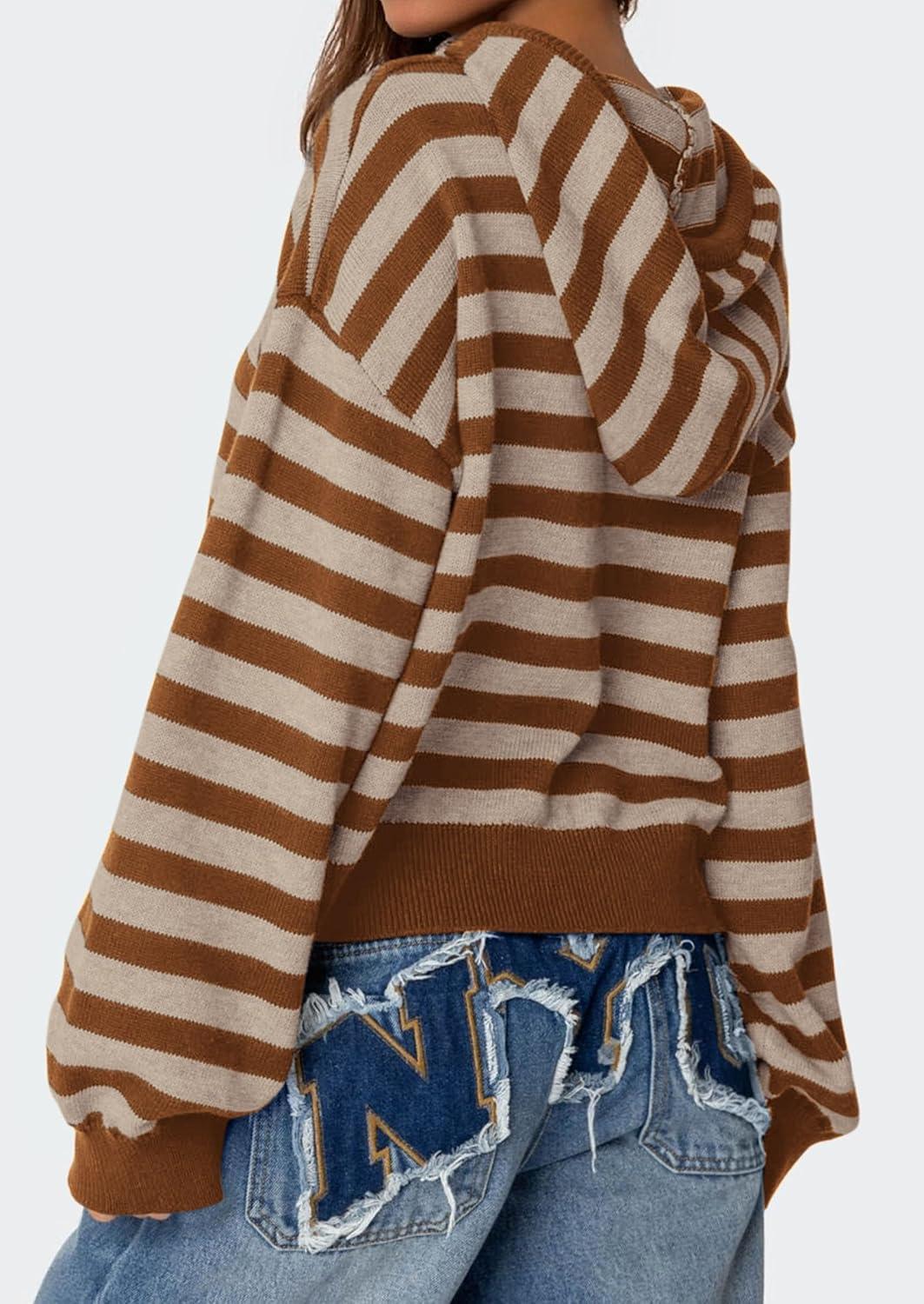 imagePRETTYGARDEN Womens Striped Sweaters 2025 Fall Pullover Hoodies Y2K Casual Long Sleeve Tops Winter Fashion ClothingStriped Apricot Coffee