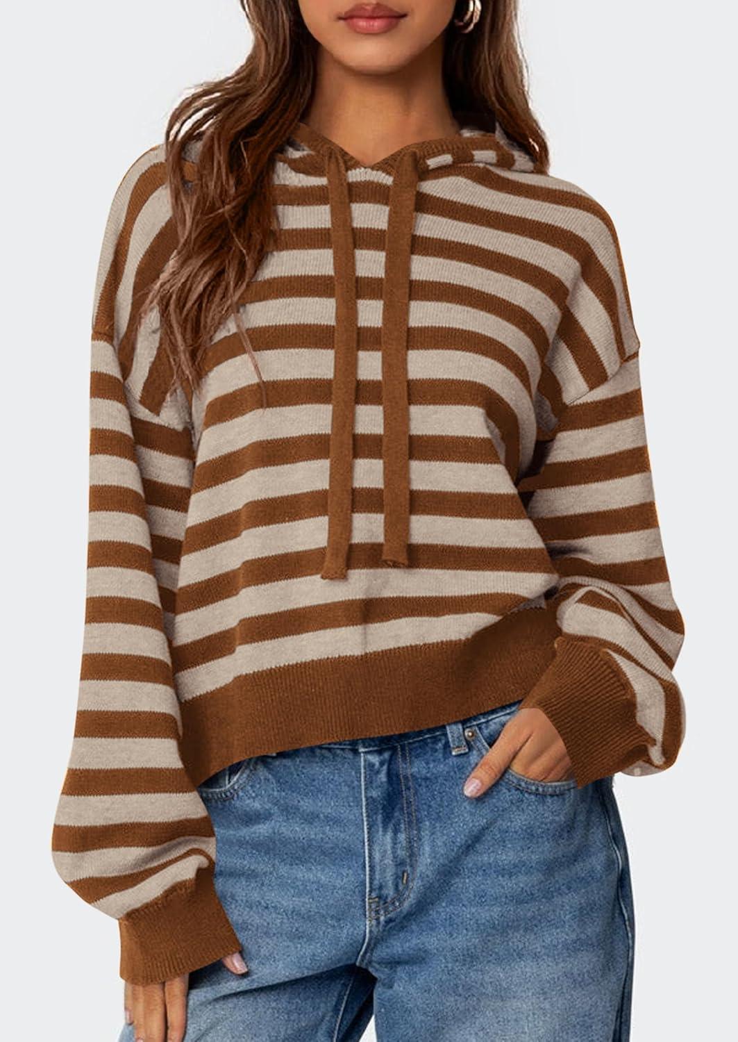 imagePRETTYGARDEN Womens Striped Sweaters 2025 Fall Pullover Hoodies Y2K Casual Long Sleeve Tops Winter Fashion ClothingStriped Apricot Coffee