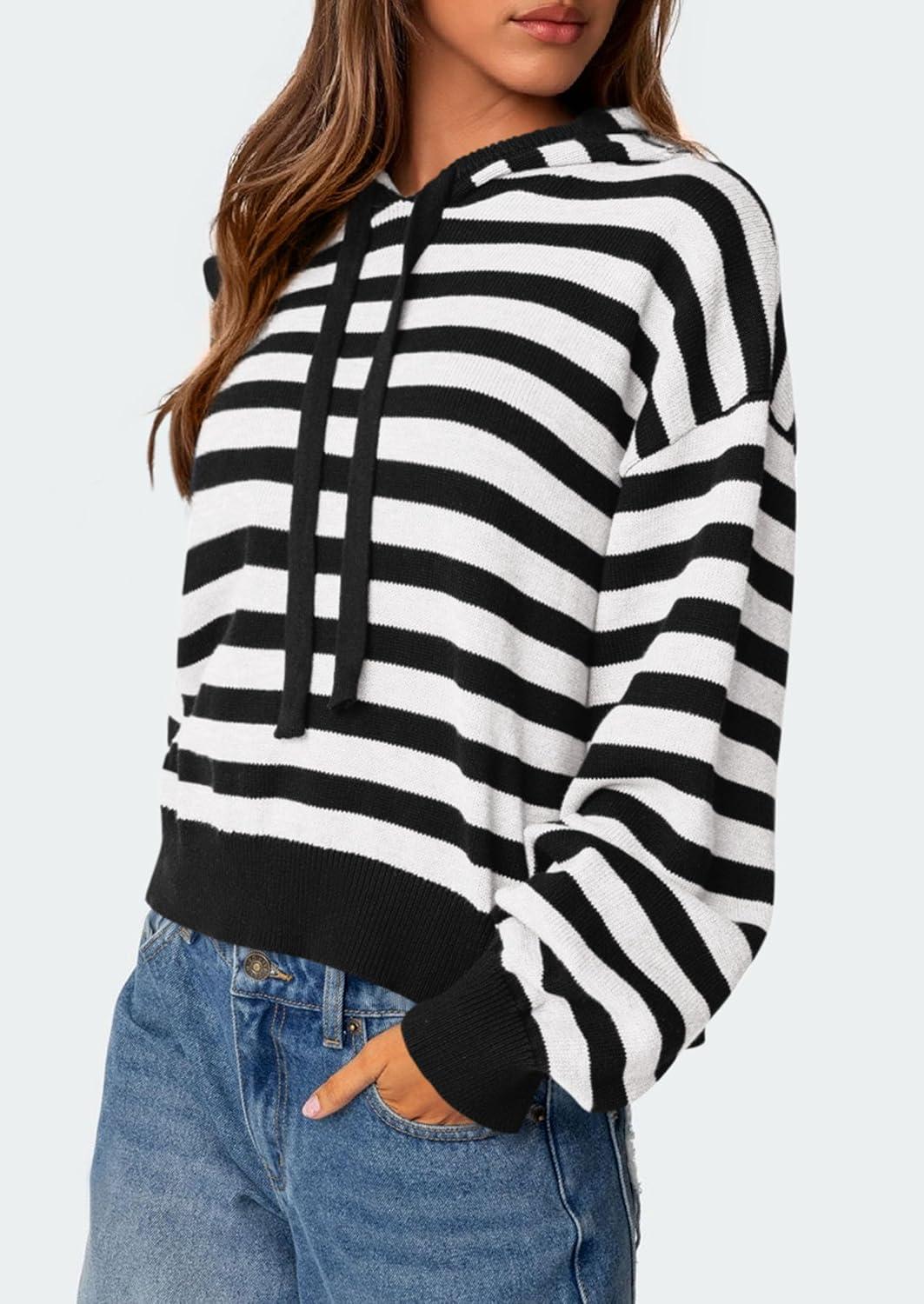 imagePRETTYGARDEN Womens Striped Sweaters 2025 Fall Pullover Hoodies Y2K Casual Long Sleeve Tops Winter Fashion ClothingStriped Black White
