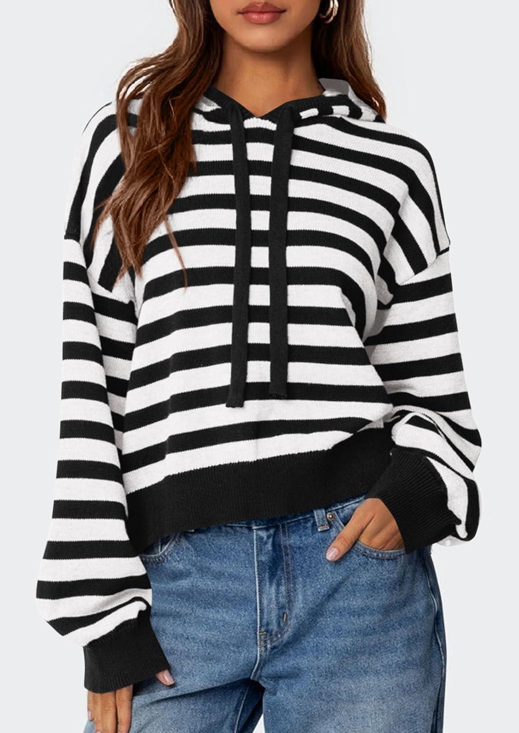 imagePRETTYGARDEN Womens Striped Sweaters 2025 Fall Pullover Hoodies Y2K Casual Long Sleeve Tops Winter Fashion ClothingStriped Black White