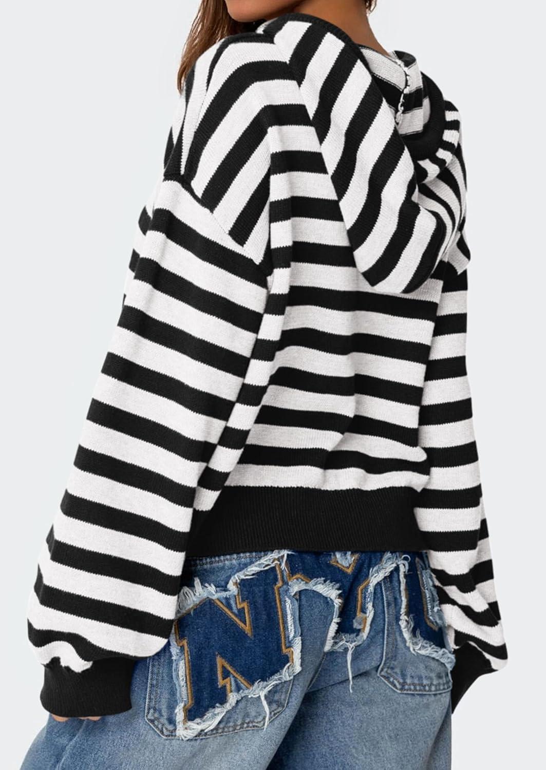 imagePRETTYGARDEN Womens Striped Sweaters 2025 Fall Pullover Hoodies Y2K Casual Long Sleeve Tops Winter Fashion ClothingStriped Black White