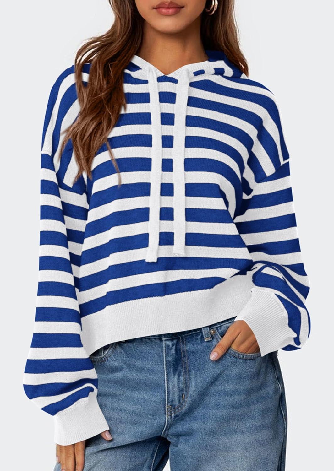 imagePRETTYGARDEN Womens Striped Sweaters 2025 Fall Pullover Hoodies Y2K Casual Long Sleeve Tops Winter Fashion ClothingStriped Blue White