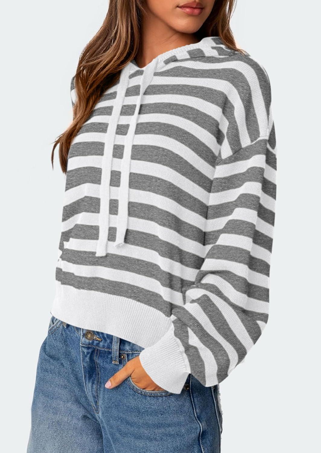 imagePRETTYGARDEN Womens Striped Sweaters 2025 Fall Pullover Hoodies Y2K Casual Long Sleeve Tops Winter Fashion ClothingStriped Grey White