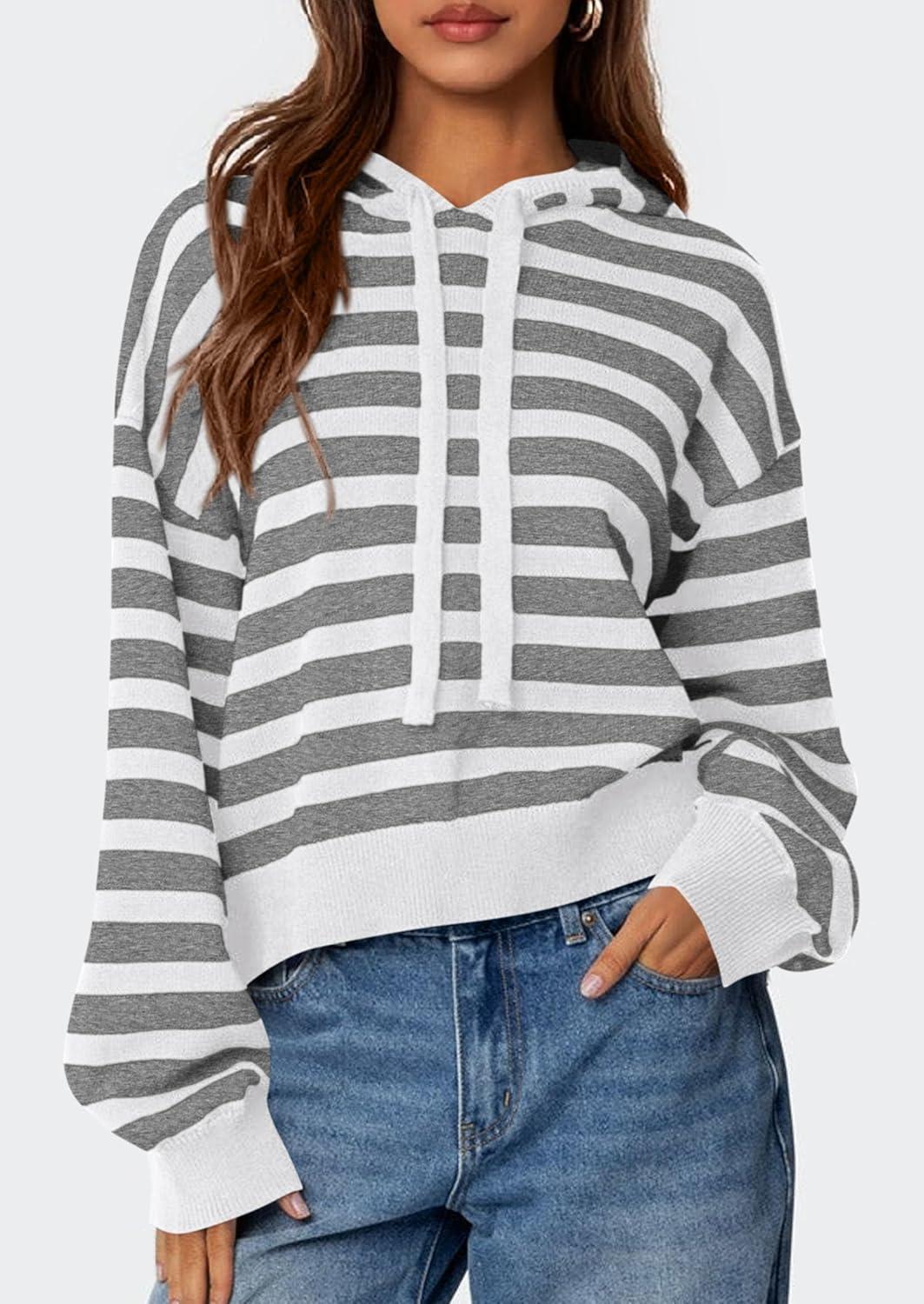 imagePRETTYGARDEN Womens Striped Sweaters 2025 Fall Pullover Hoodies Y2K Casual Long Sleeve Tops Winter Fashion ClothingStriped Grey White
