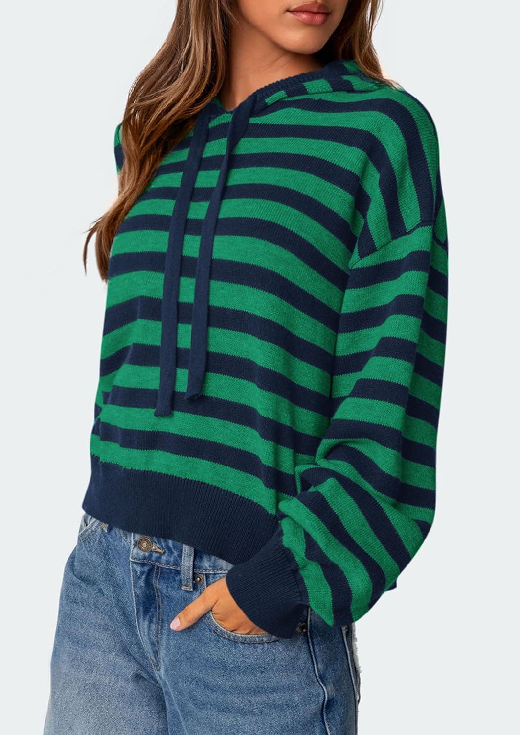 imagePRETTYGARDEN Womens Striped Sweaters 2025 Fall Pullover Hoodies Y2K Casual Long Sleeve Tops Winter Fashion ClothingStriped Navy Green