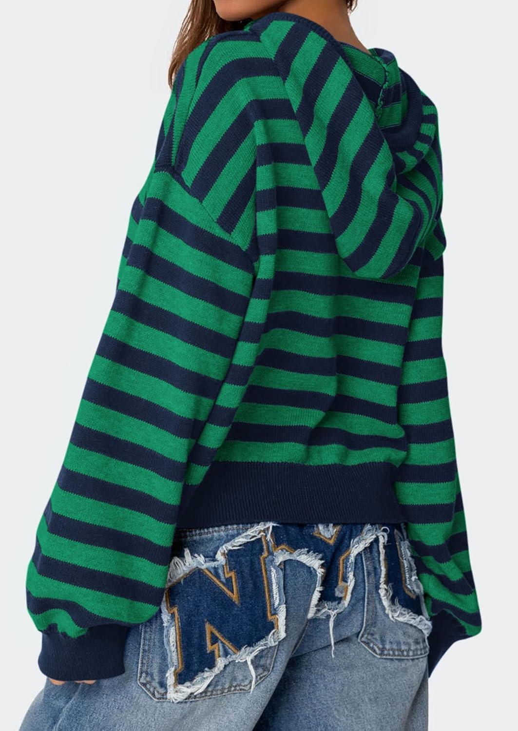 imagePRETTYGARDEN Womens Striped Sweaters 2025 Fall Pullover Hoodies Y2K Casual Long Sleeve Tops Winter Fashion ClothingStriped Navy Green