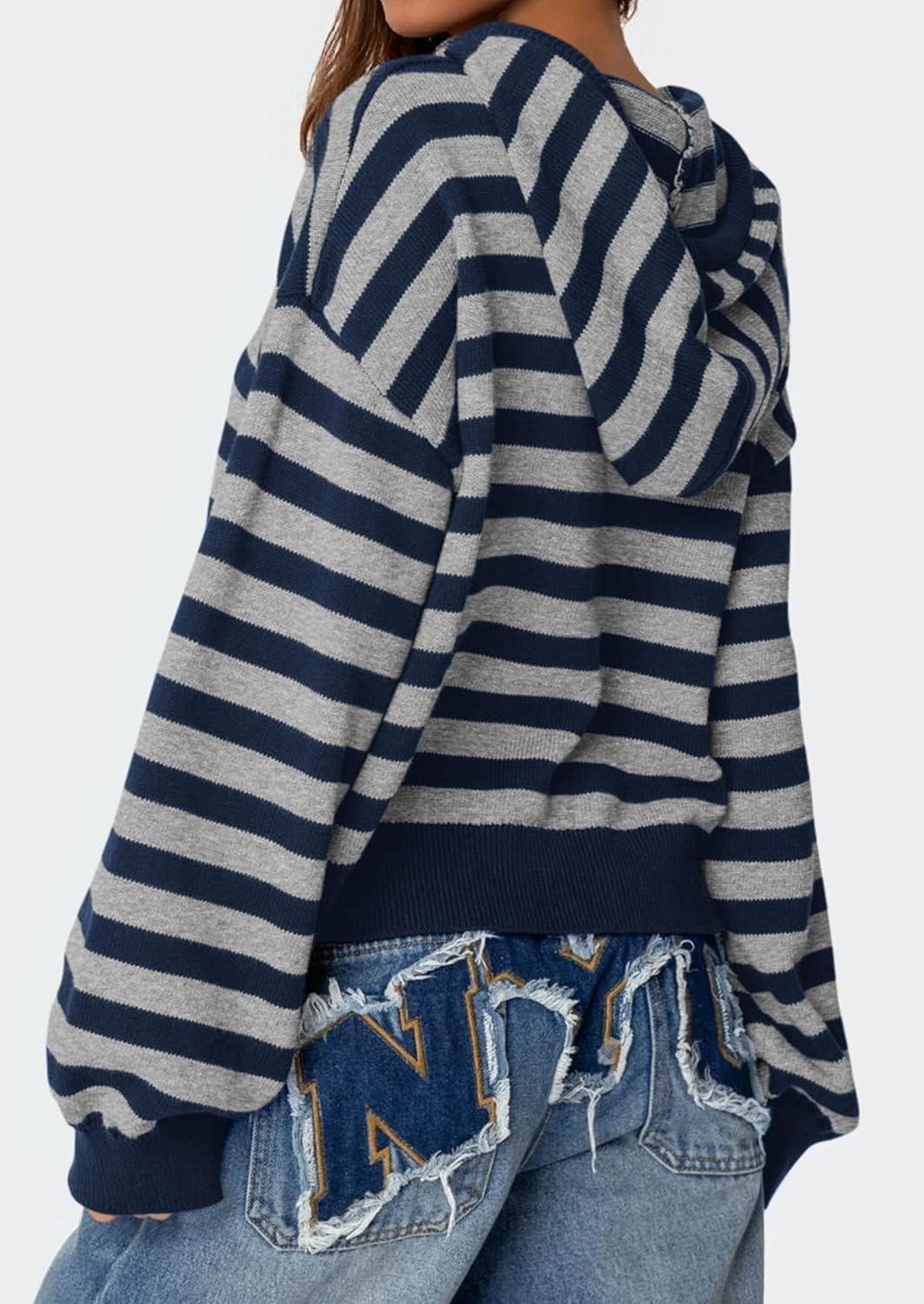imagePRETTYGARDEN Womens Striped Sweaters 2025 Fall Pullover Hoodies Y2K Casual Long Sleeve Tops Winter Fashion ClothingStriped Navy Grey