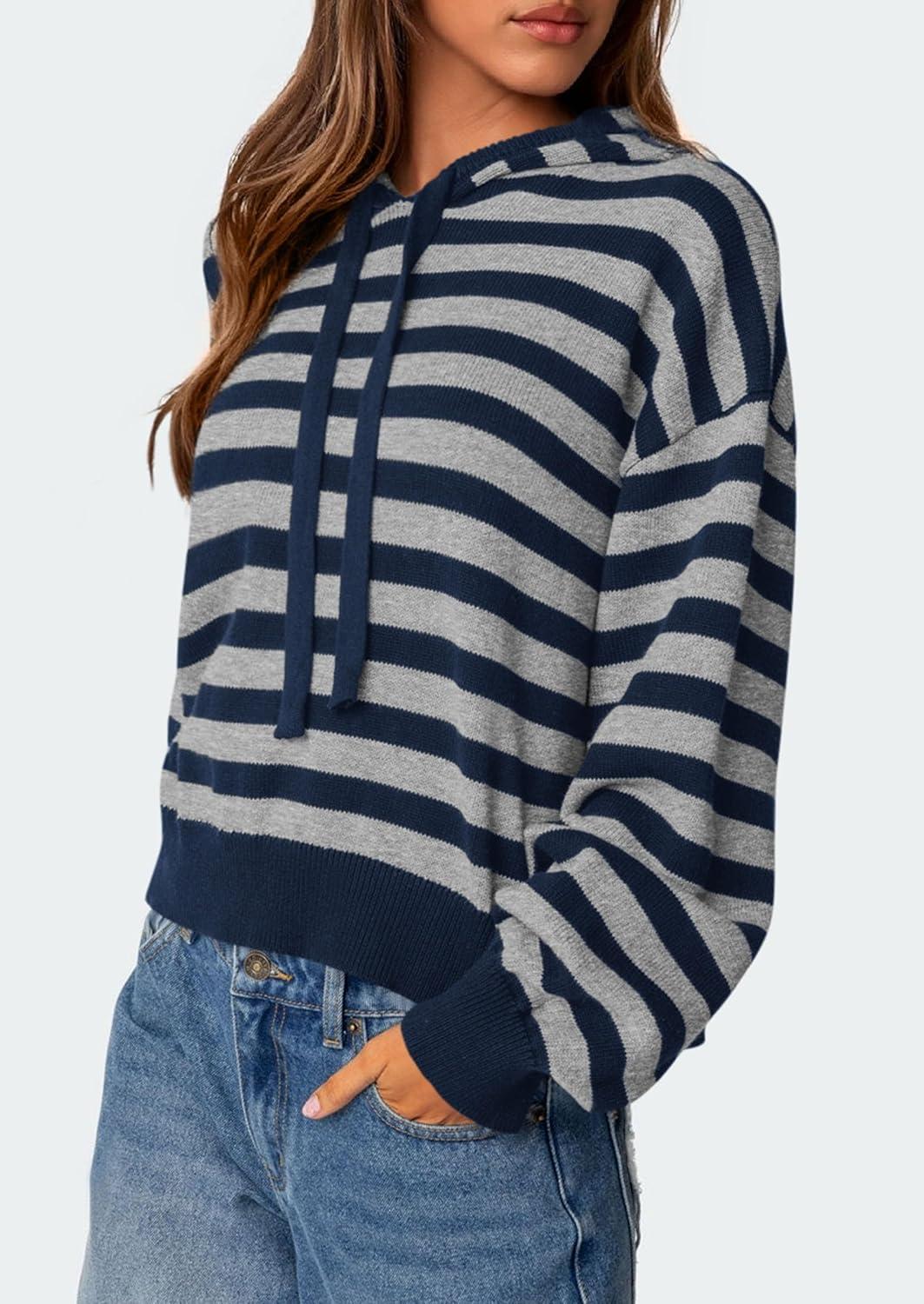 imagePRETTYGARDEN Womens Striped Sweaters 2025 Fall Pullover Hoodies Y2K Casual Long Sleeve Tops Winter Fashion ClothingStriped Navy Grey