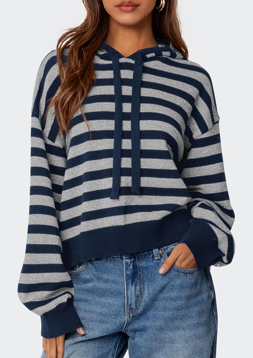 imagePRETTYGARDEN Womens Striped Sweaters 2025 Fall Pullover Hoodies Y2K Casual Long Sleeve Tops Winter Fashion ClothingStriped Navy Grey