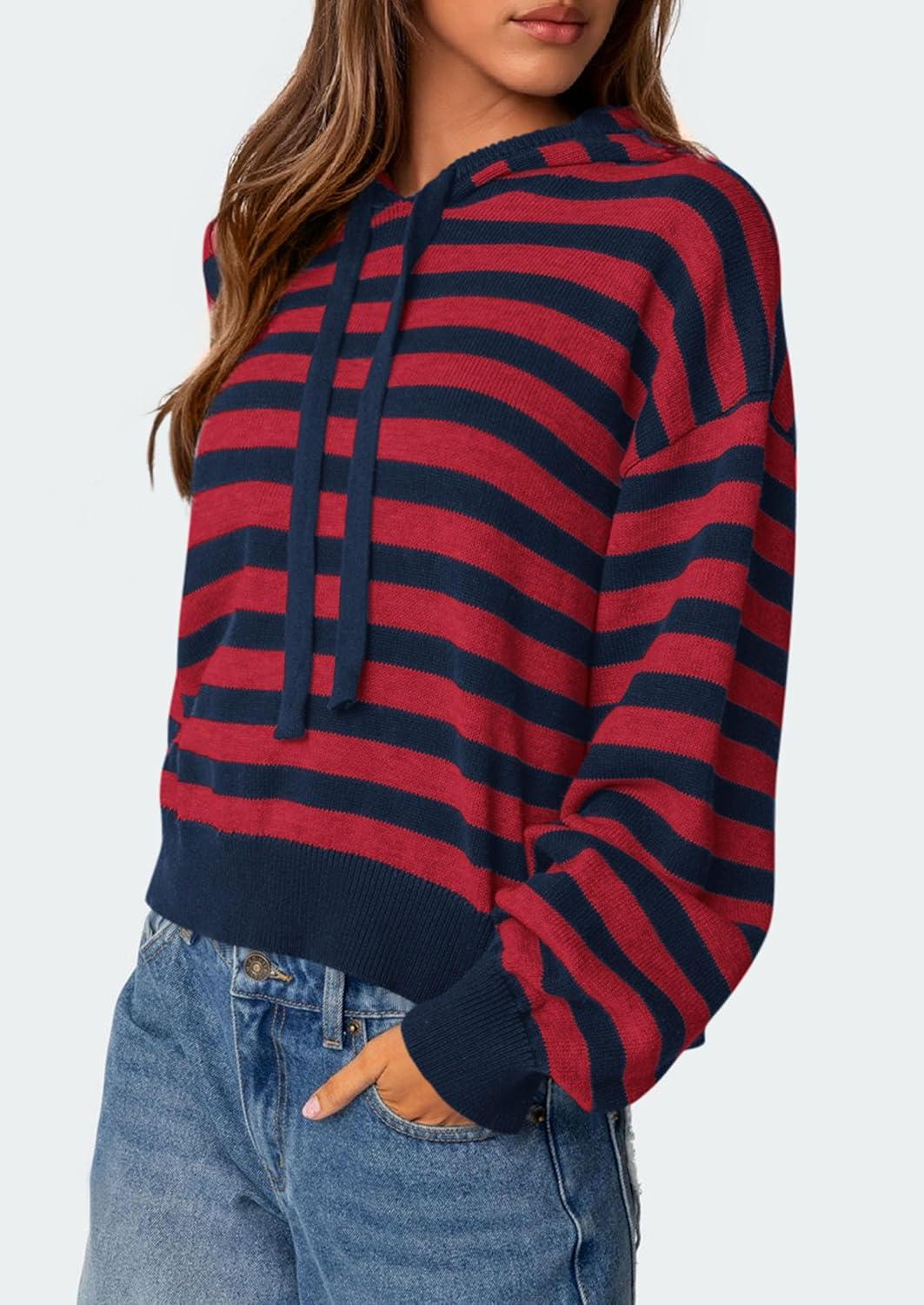 imagePRETTYGARDEN Womens Striped Sweaters 2025 Fall Pullover Hoodies Y2K Casual Long Sleeve Tops Winter Fashion ClothingStriped Navy Red