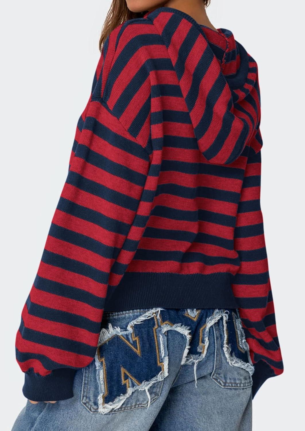 imagePRETTYGARDEN Womens Striped Sweaters 2025 Fall Pullover Hoodies Y2K Casual Long Sleeve Tops Winter Fashion ClothingStriped Navy Red