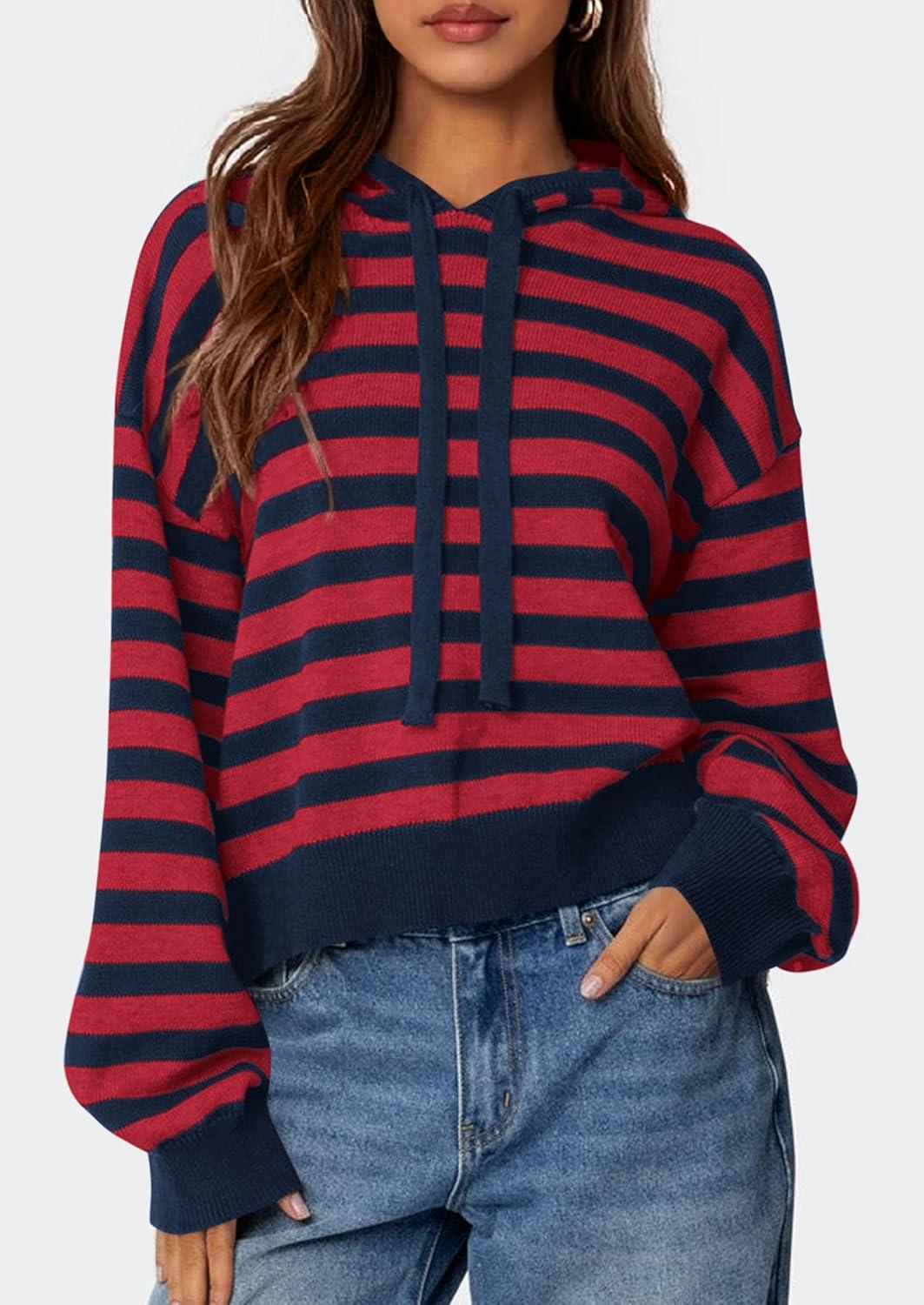 imagePRETTYGARDEN Womens Striped Sweaters 2025 Fall Pullover Hoodies Y2K Casual Long Sleeve Tops Winter Fashion ClothingStriped Navy Red