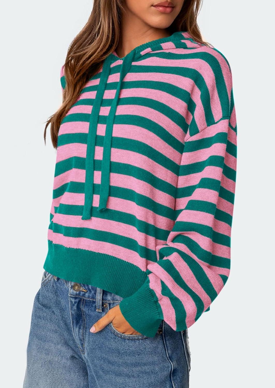 imagePRETTYGARDEN Womens Striped Sweaters 2025 Fall Pullover Hoodies Y2K Casual Long Sleeve Tops Winter Fashion ClothingStriped Pink Green
