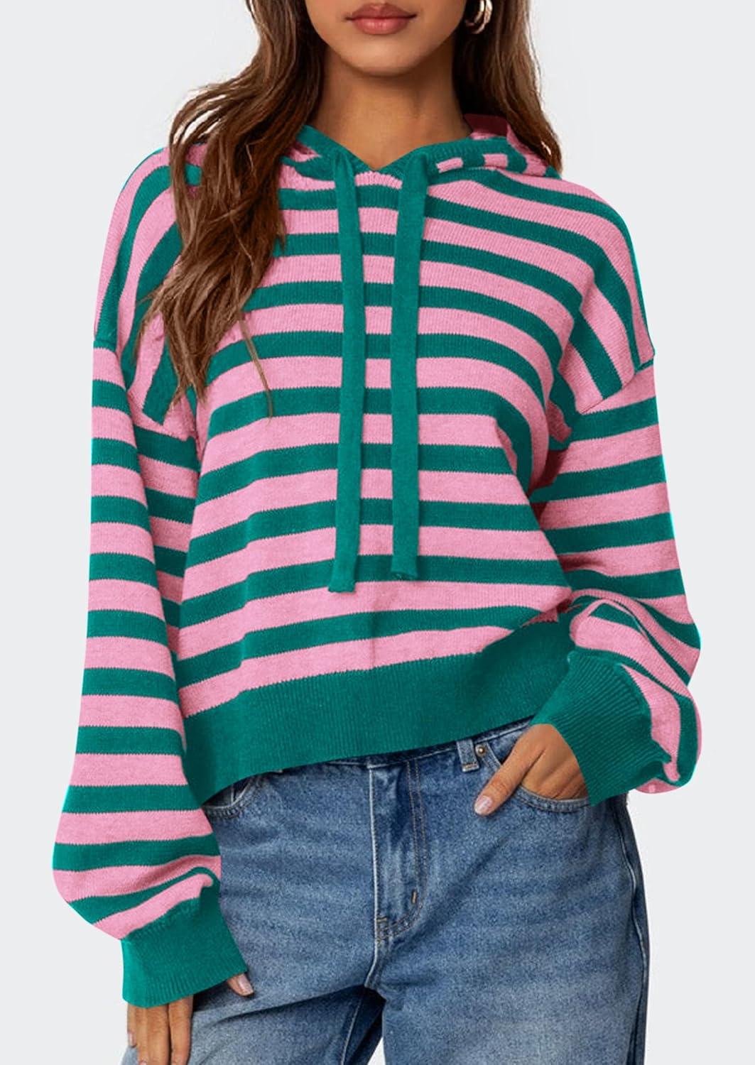 imagePRETTYGARDEN Womens Striped Sweaters 2025 Fall Pullover Hoodies Y2K Casual Long Sleeve Tops Winter Fashion ClothingStriped Pink Green