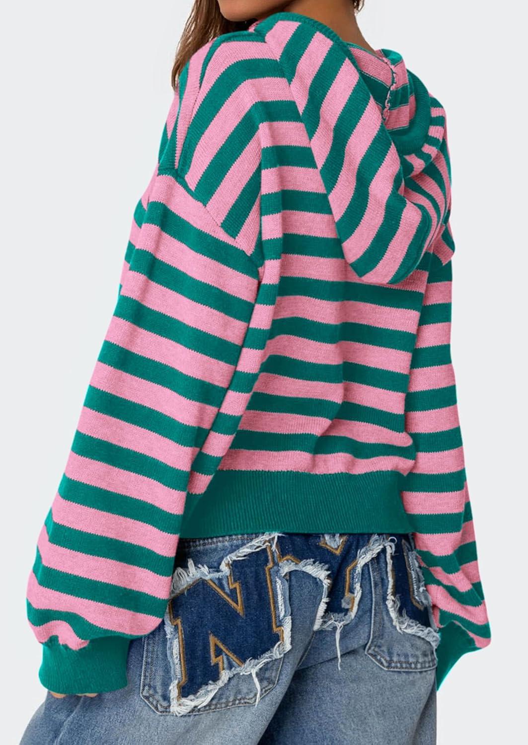 imagePRETTYGARDEN Womens Striped Sweaters 2025 Fall Pullover Hoodies Y2K Casual Long Sleeve Tops Winter Fashion ClothingStriped Pink Green