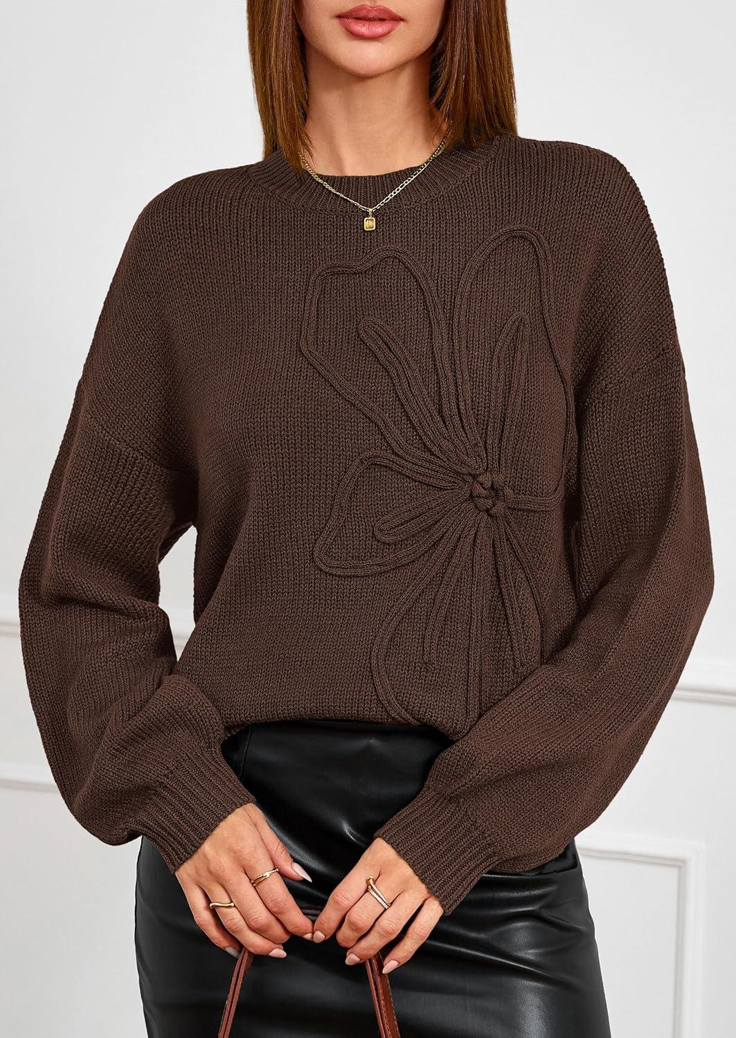 imagePRETTYGARDEN Womens Sweaters 2025 Fall Fashion Long Sleeve Crewneck Floral Knit Pullover Sweater Tops Winter ClothesBrown