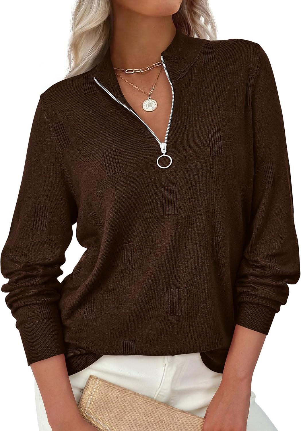 imagePRETTYGARDEN Womens Sweaters Quarter Zip Knit Long Sleeve Business Casual Pullover Tops 2025 Fall Fashion Work OutfitsBrown