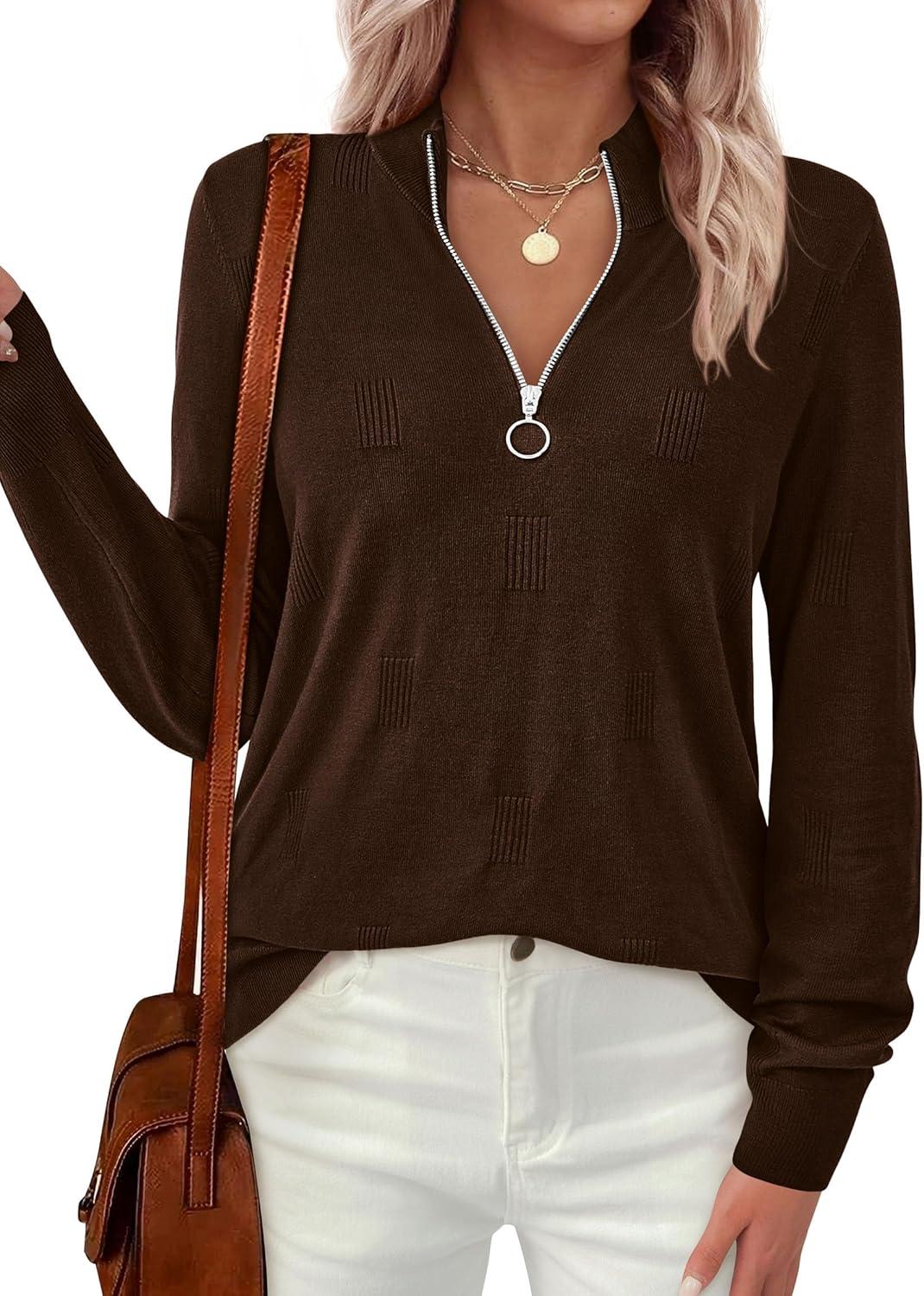 imagePRETTYGARDEN Womens Sweaters Quarter Zip Knit Long Sleeve Business Casual Pullover Tops 2025 Fall Fashion Work OutfitsBrown